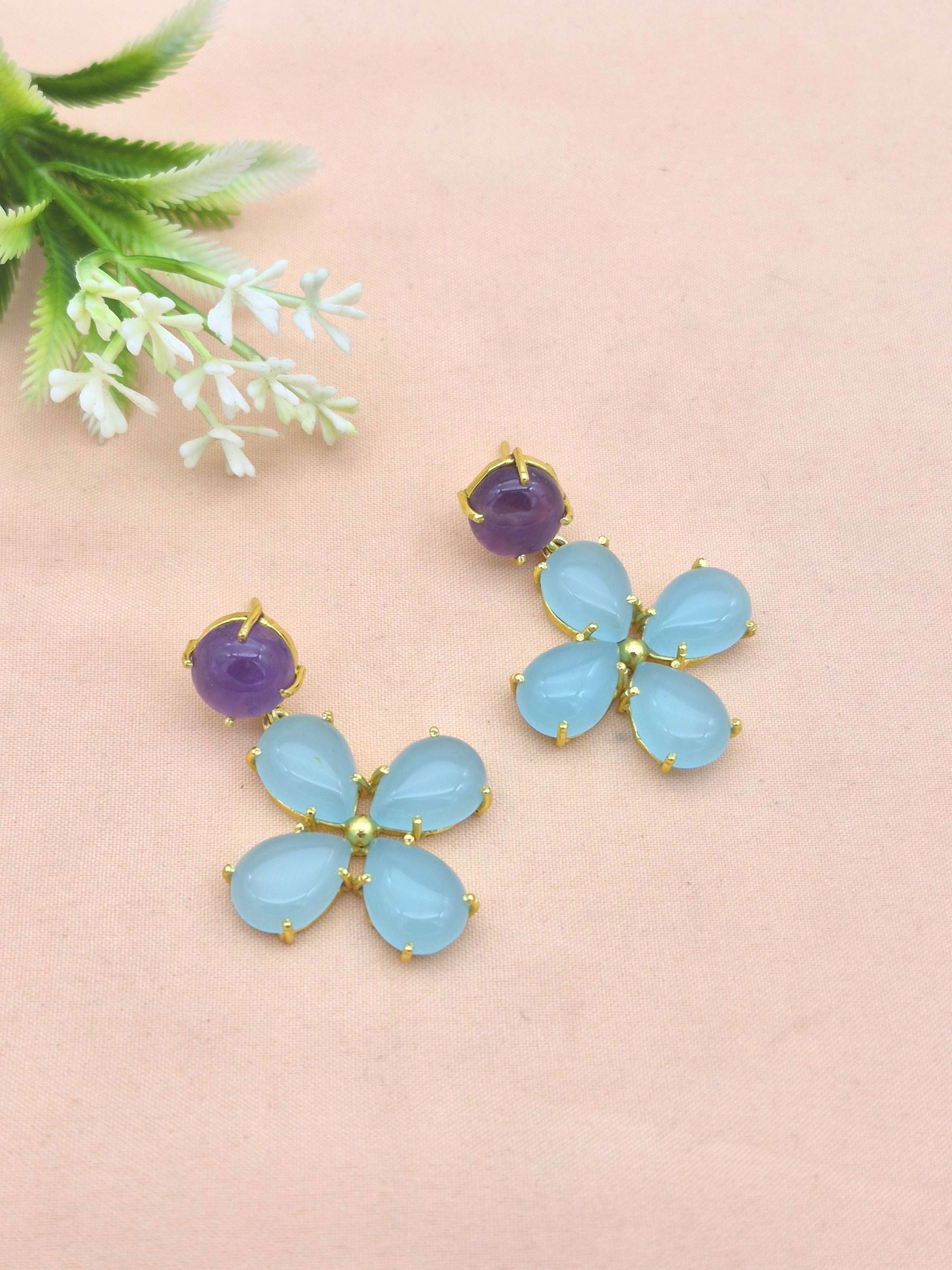 Gorgeous Gold Plated Dangle Earring -Chalcedony-Amethyst Gemstone Light Weight Handcrafted Jewelry