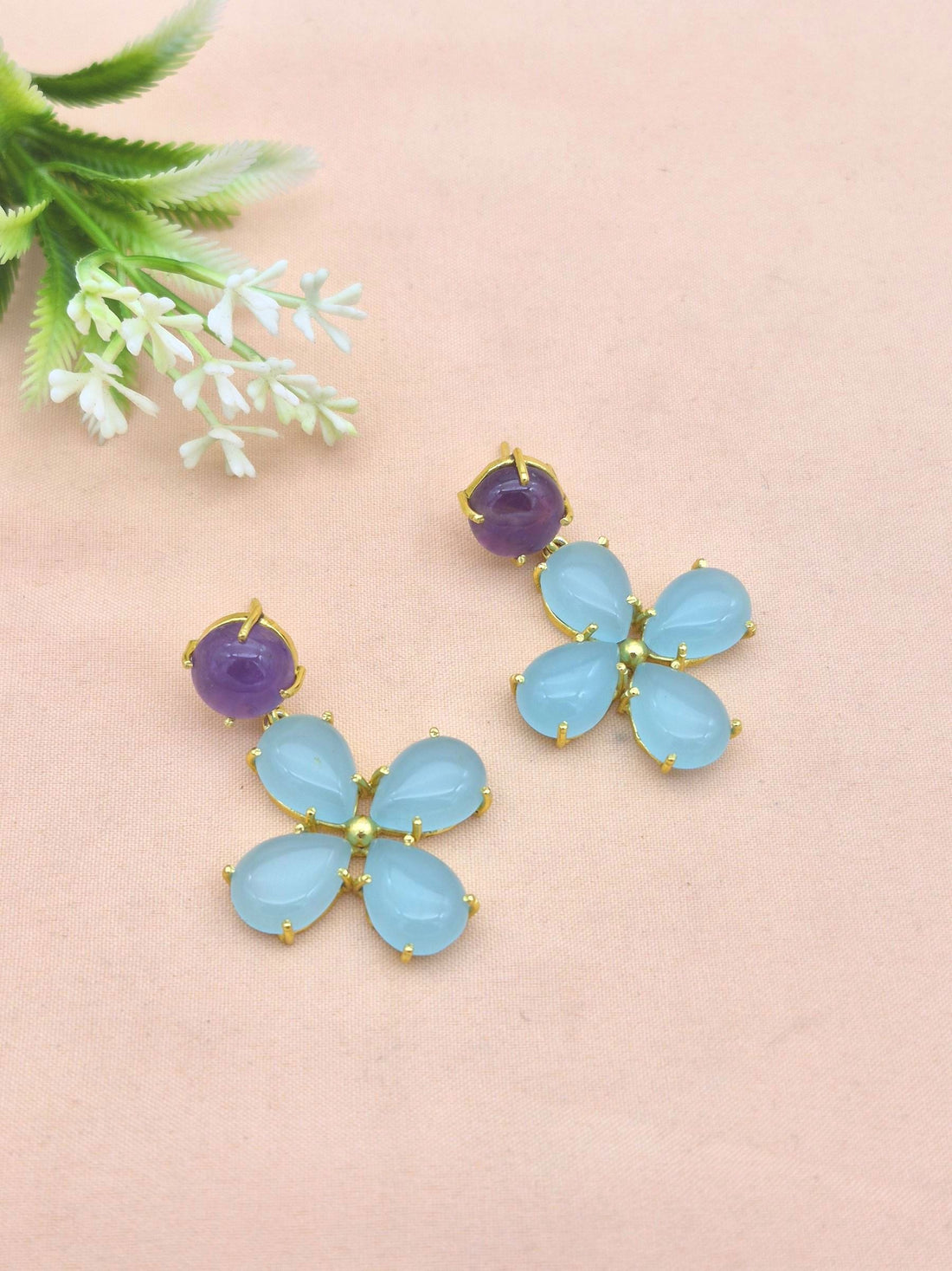 Gorgeous Gold Plated Dangle Earring -Chalcedony-Amethyst Gemstone Light Weight Handcrafted Jewelry