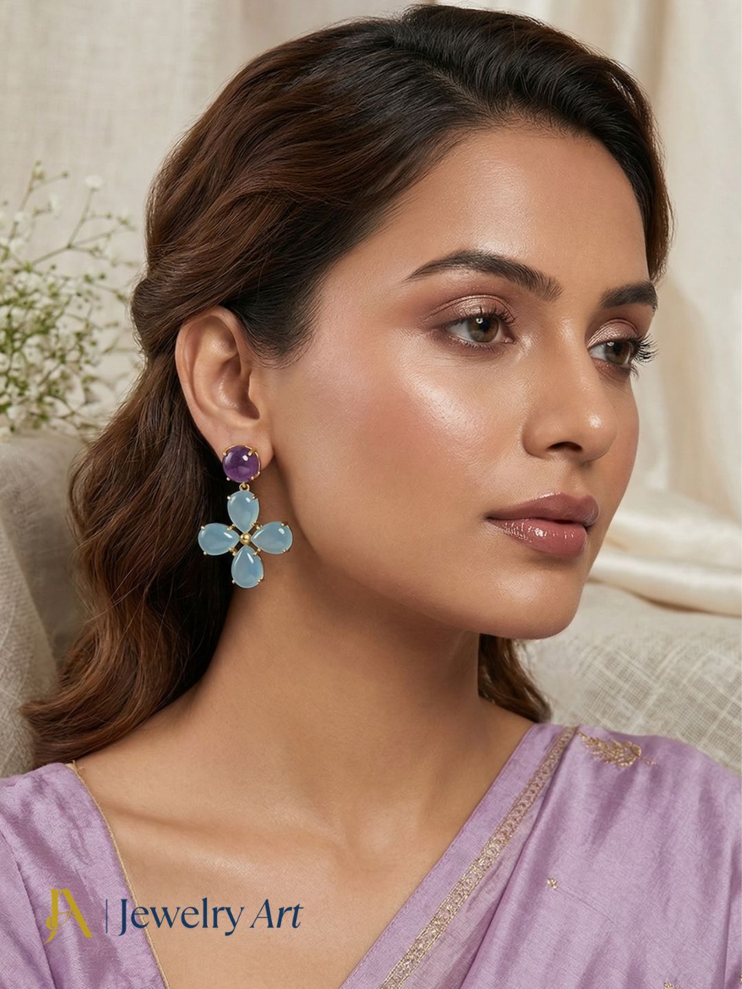 Minimal gold tone earrings amethyst and chalcedony smooth drop design
