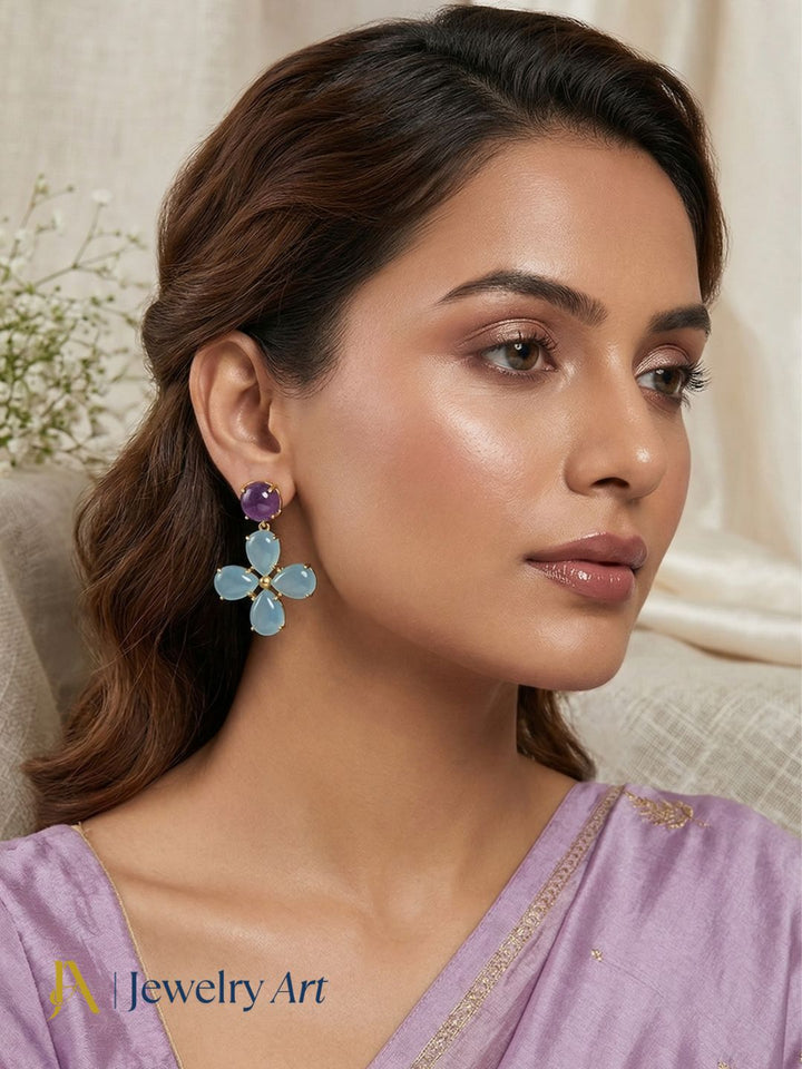 Minimal gold tone earrings amethyst and chalcedony smooth drop design
