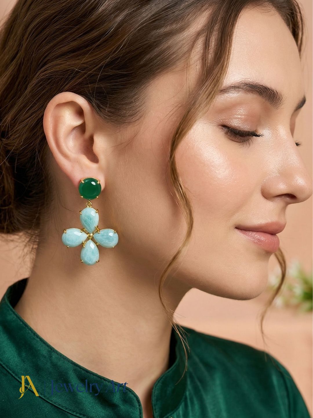 Stylish lightweight gemstone earrings green onyx amazonite modern fashion jewelry
