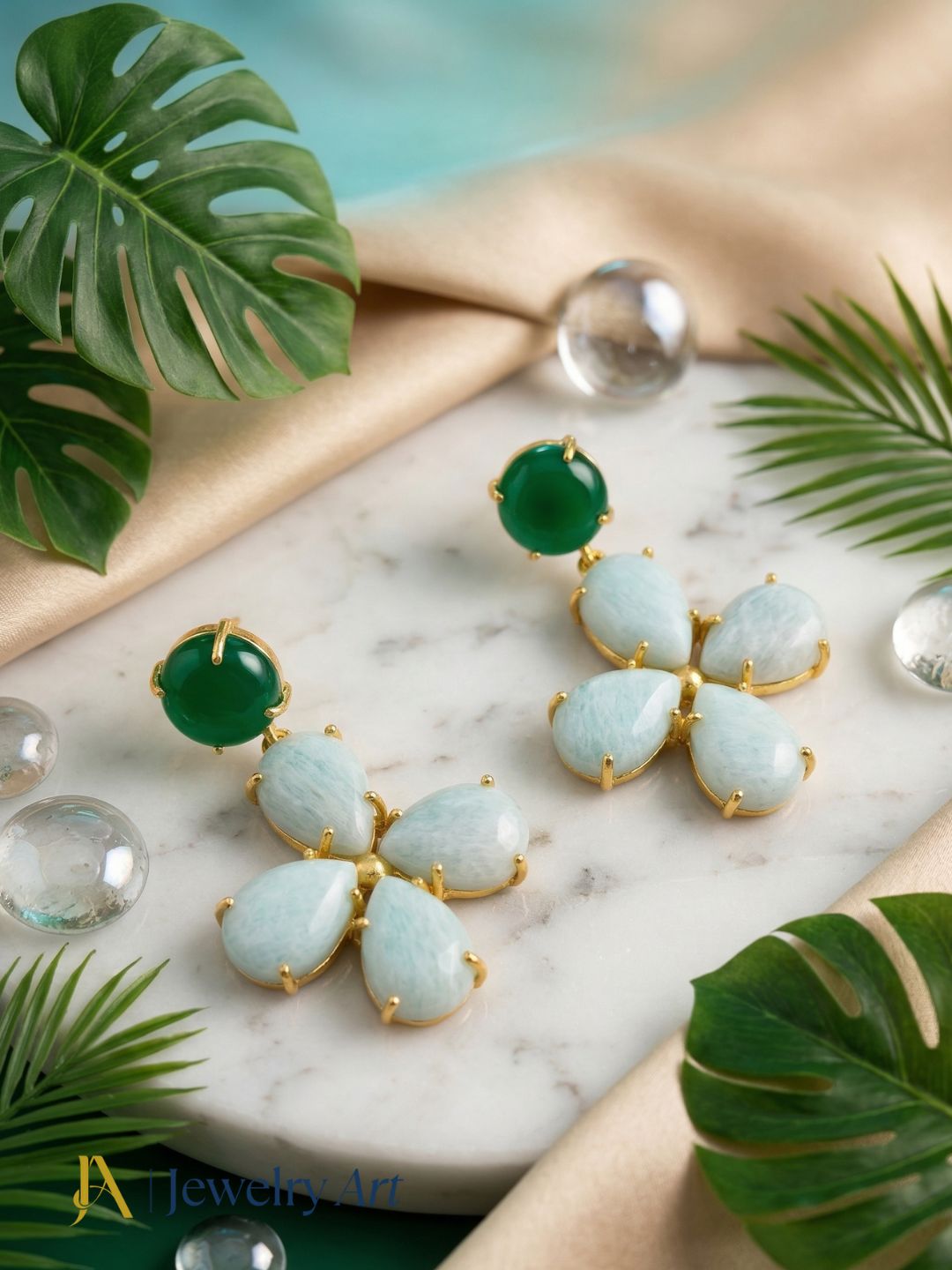 Gorgeous Gold Plated Dangle Earring -Green Onyx-Amazonite Gemstone Light Weight Handcrafted Jewelry