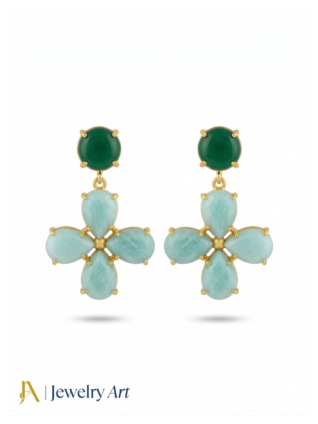 Gorgeous Gold Plated Dangle Earring -Green Onyx-Amazonite Gemstone Light Weight Handcrafted Jewelry