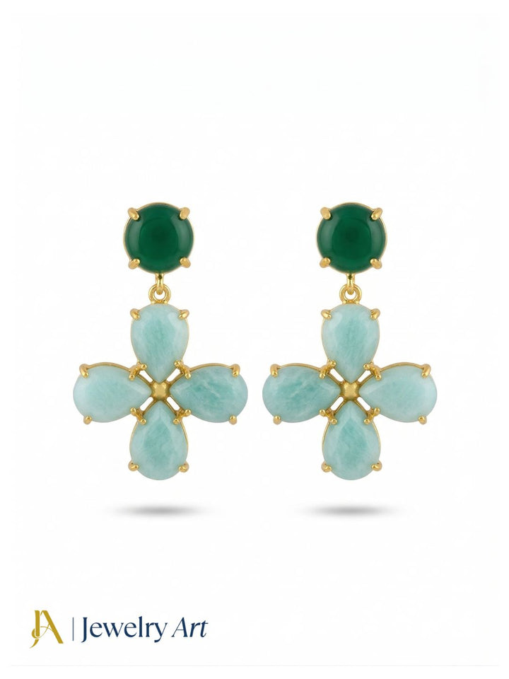 Gorgeous Gold Plated Dangle Earring -Green Onyx-Amazonite Gemstone Light Weight Handcrafted Jewelry