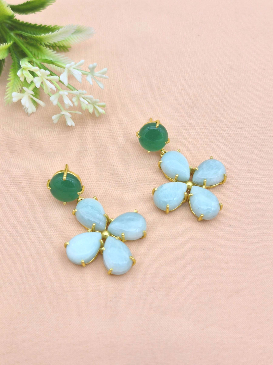Gorgeous Gold Plated Dangle Earring -Green Onyx-Amazonite Gemstone Light Weight Handcrafted Jewelry