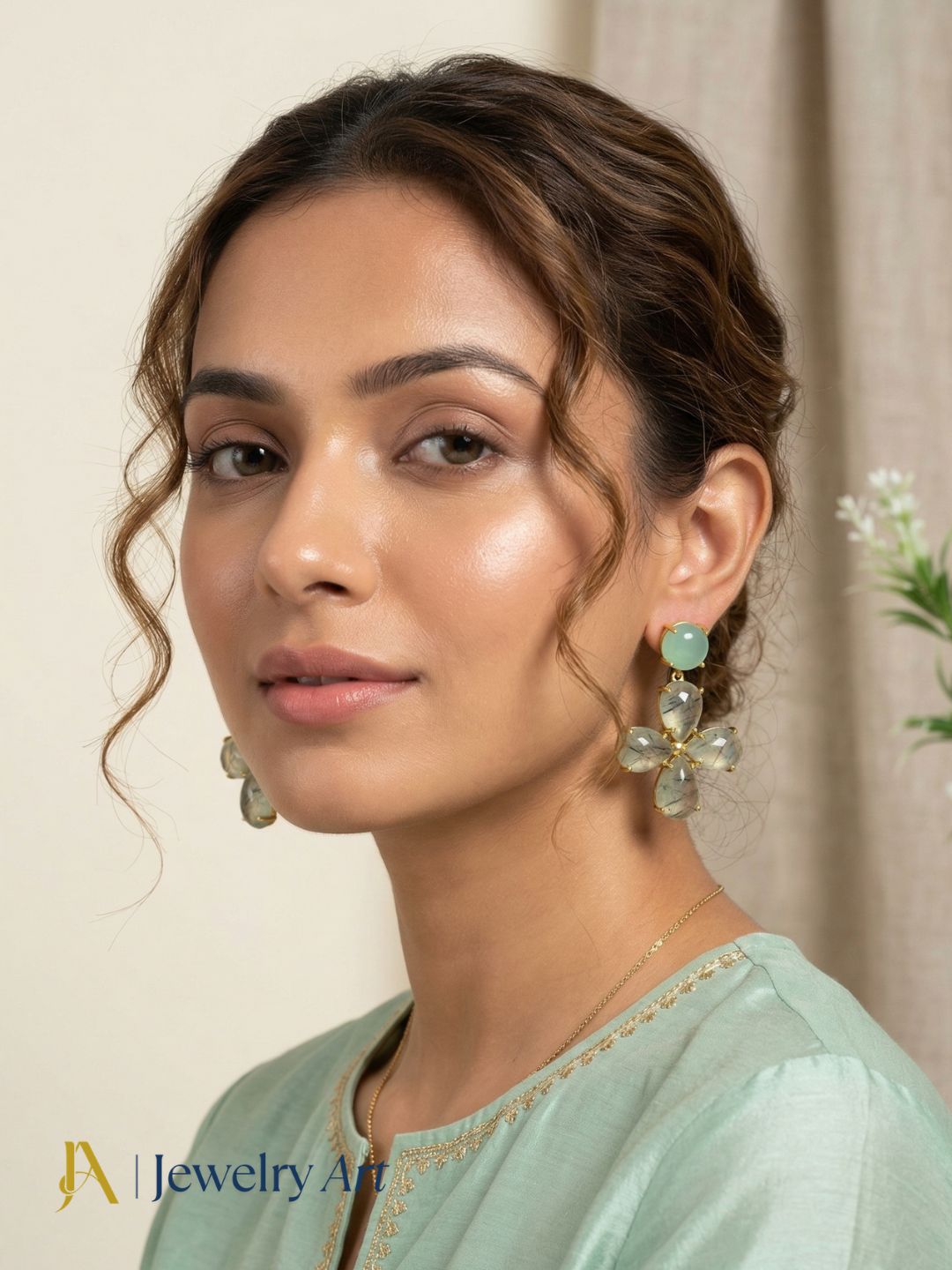 Soft green gemstone earrings with prehnite and chalcedony gold plated hanging style
