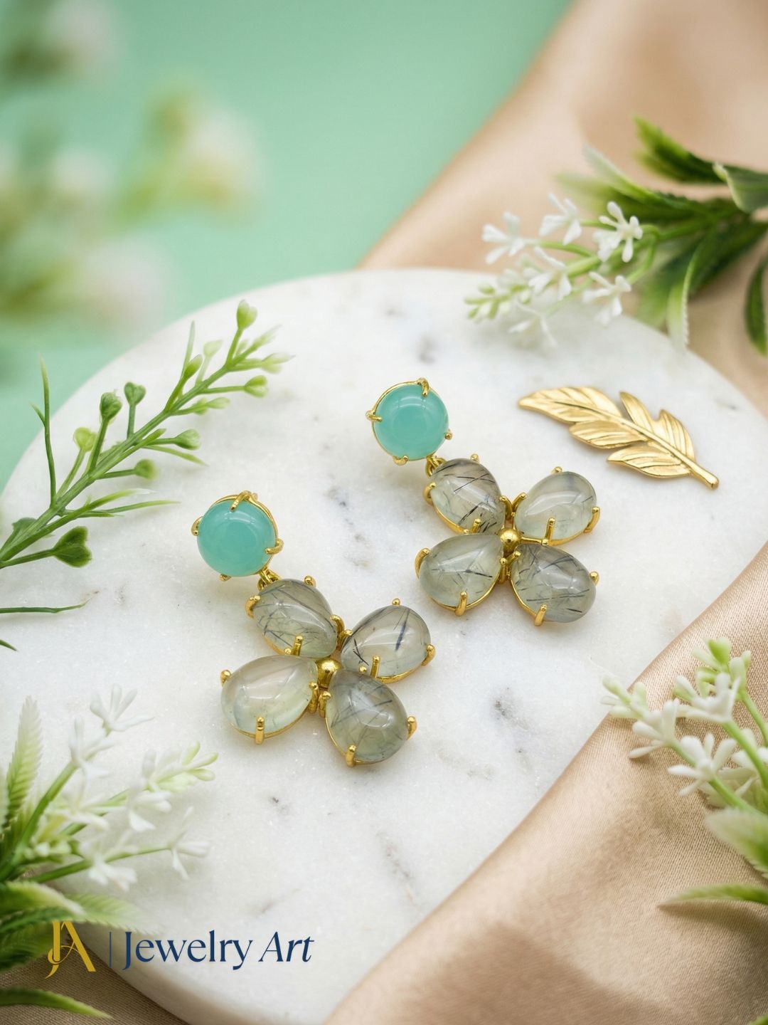 Gorgeous Gold Plated Dangle Earring -Chalcedony-Prehnite Gemstone Light Weight Handcrafted Jewelry