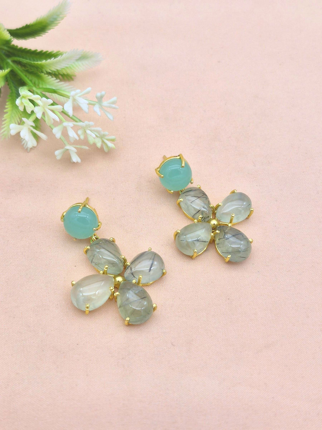 Gorgeous Gold Plated Dangle Earring -Chalcedony-Prehnite Gemstone Light Weight Handcrafted Jewelry