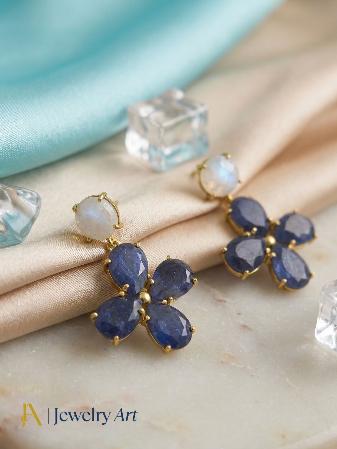 Gorgeous Gold Plated Dangle Earring -White Rainbow-Blue Hathipara Gemstone Light Weight Handcrafted Jewelry