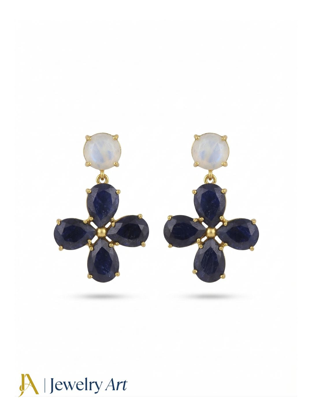 Gorgeous Gold Plated Dangle Earring -White Rainbow-Blue Hathipara Gemstone Light Weight Handcrafted Jewelry