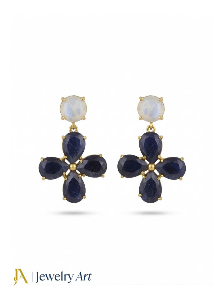 Gorgeous Gold Plated Dangle Earring -White Rainbow-Blue Hathipara Gemstone Light Weight Handcrafted Jewelry