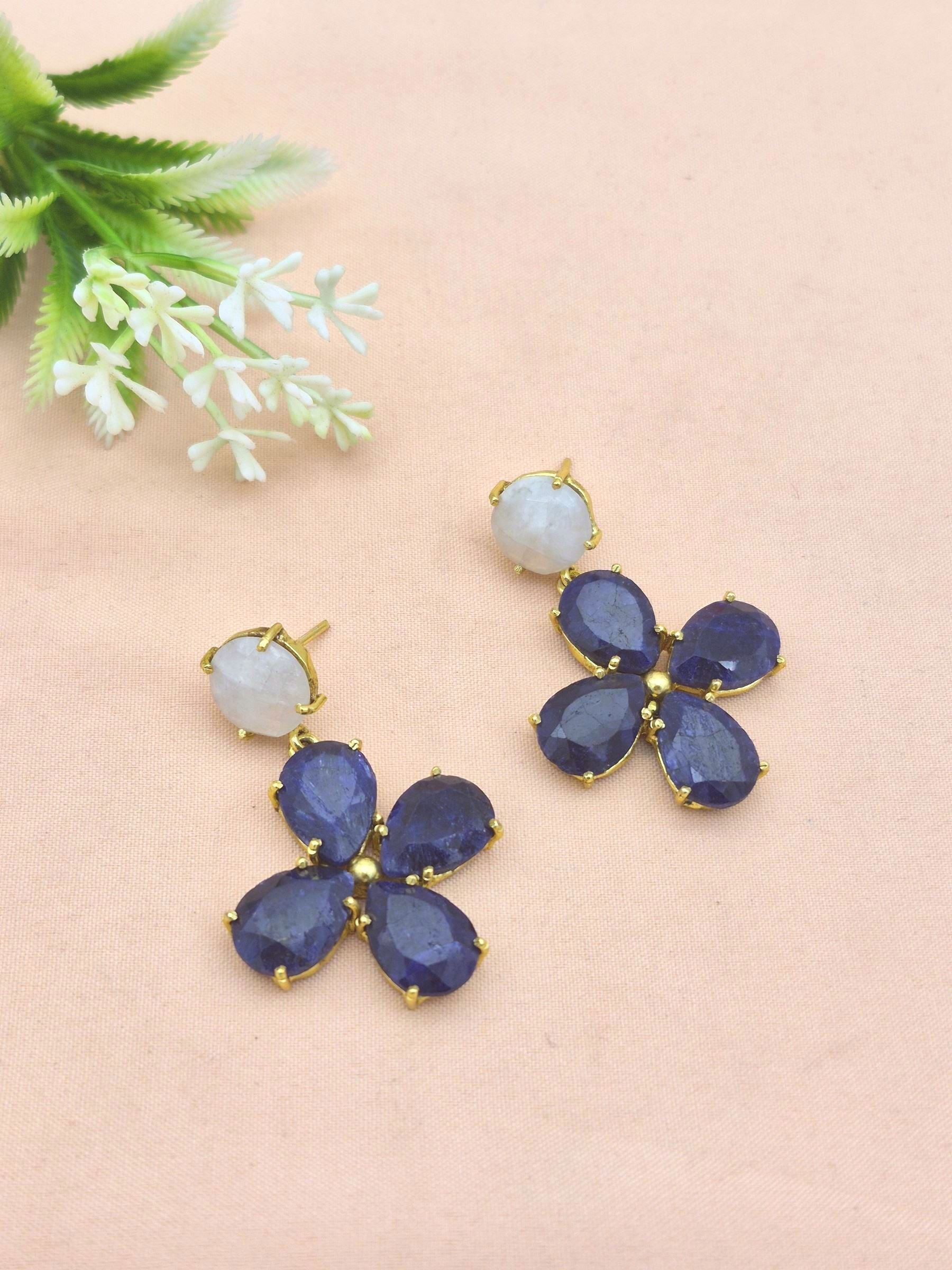 Gorgeous Gold Plated Dangle Earring -White Rainbow-Blue Hathipara Gemstone Light Weight Handcrafted Jewelry