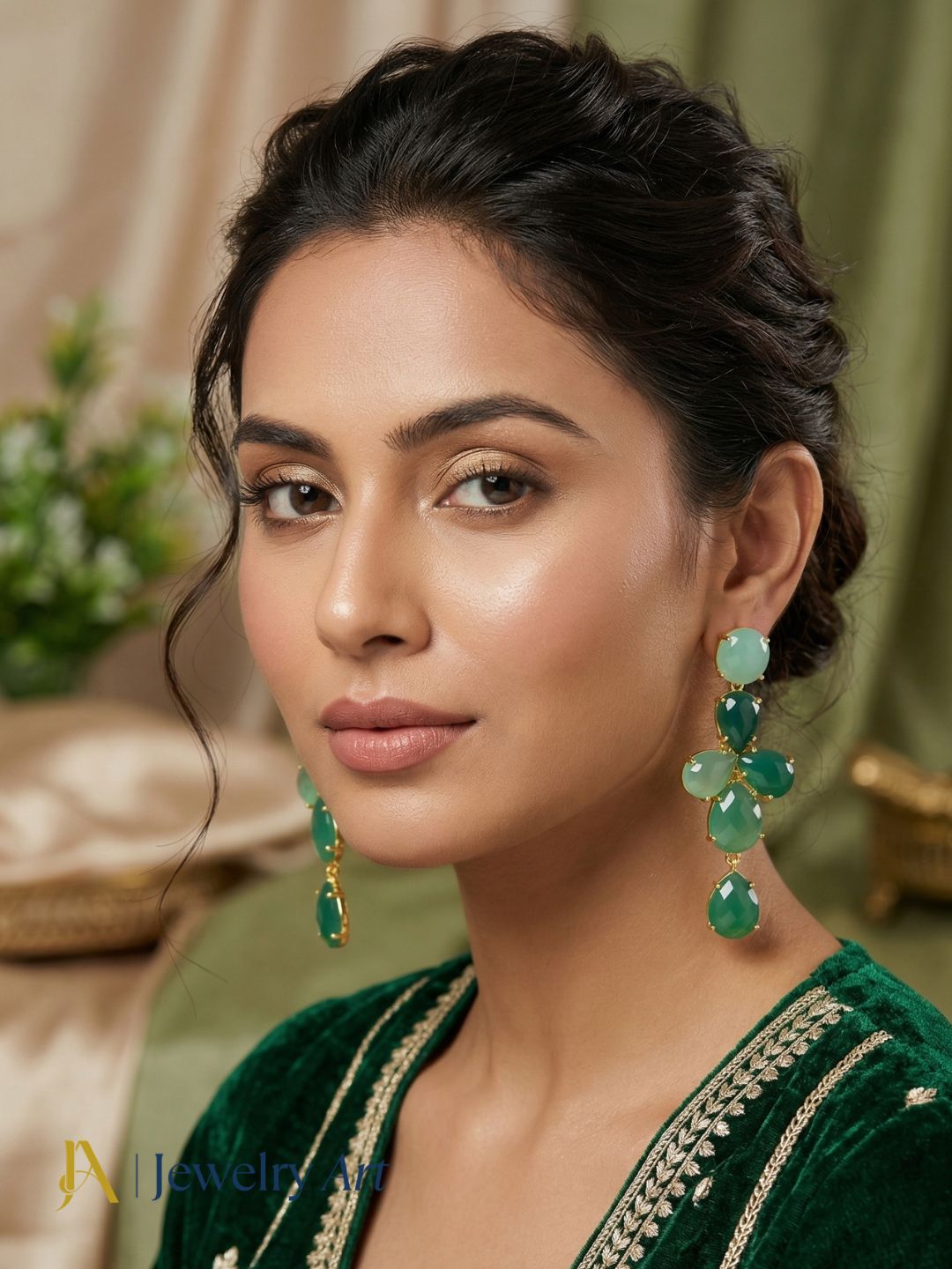 Artistic dangle earrings with chalcedony and green onyx handcrafted finish
