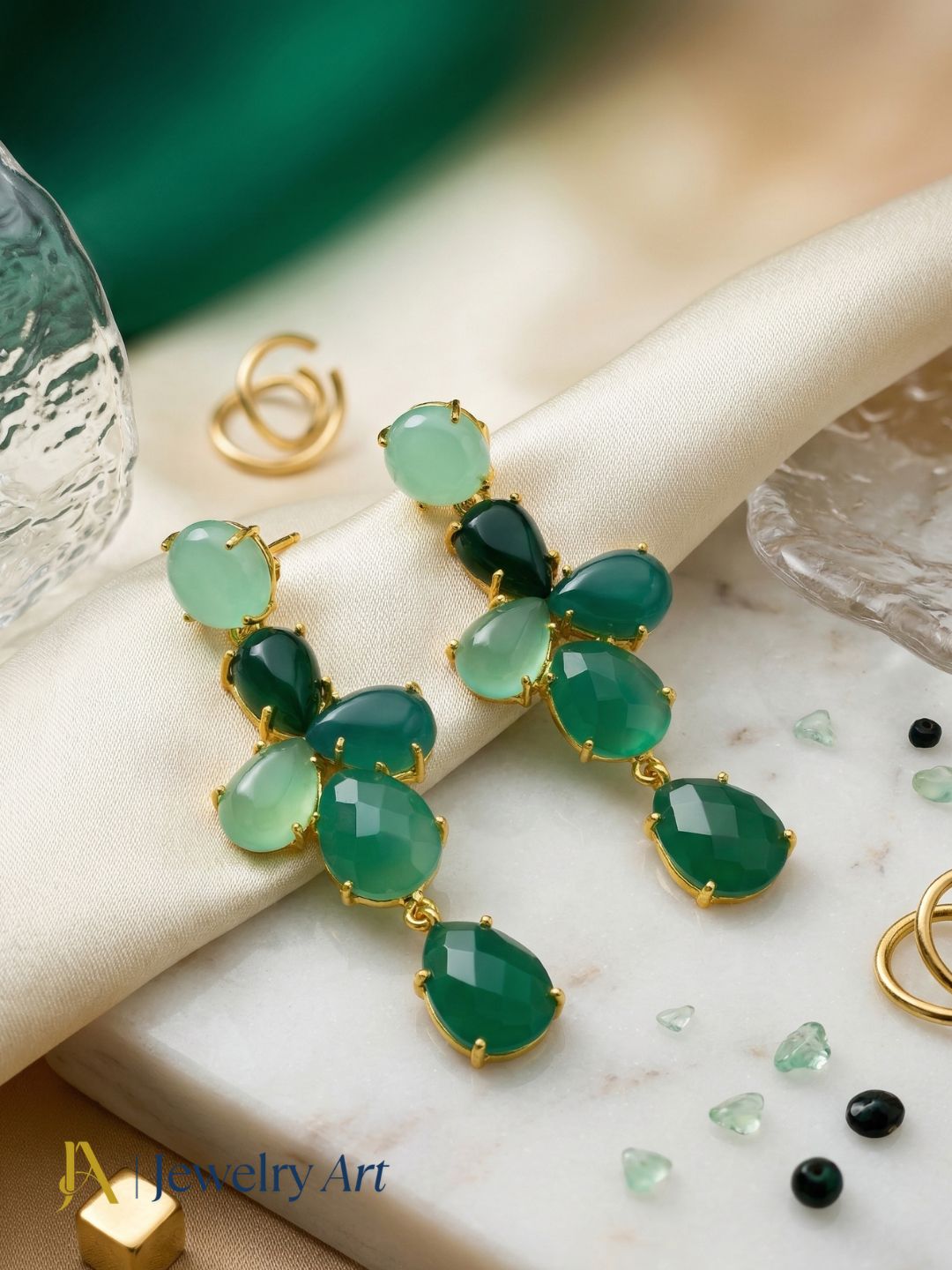 Awesome Gold Plated Dangle Earring -Chalcedony-Green Onyx Gemstone Charming Handcrafted Jewelry