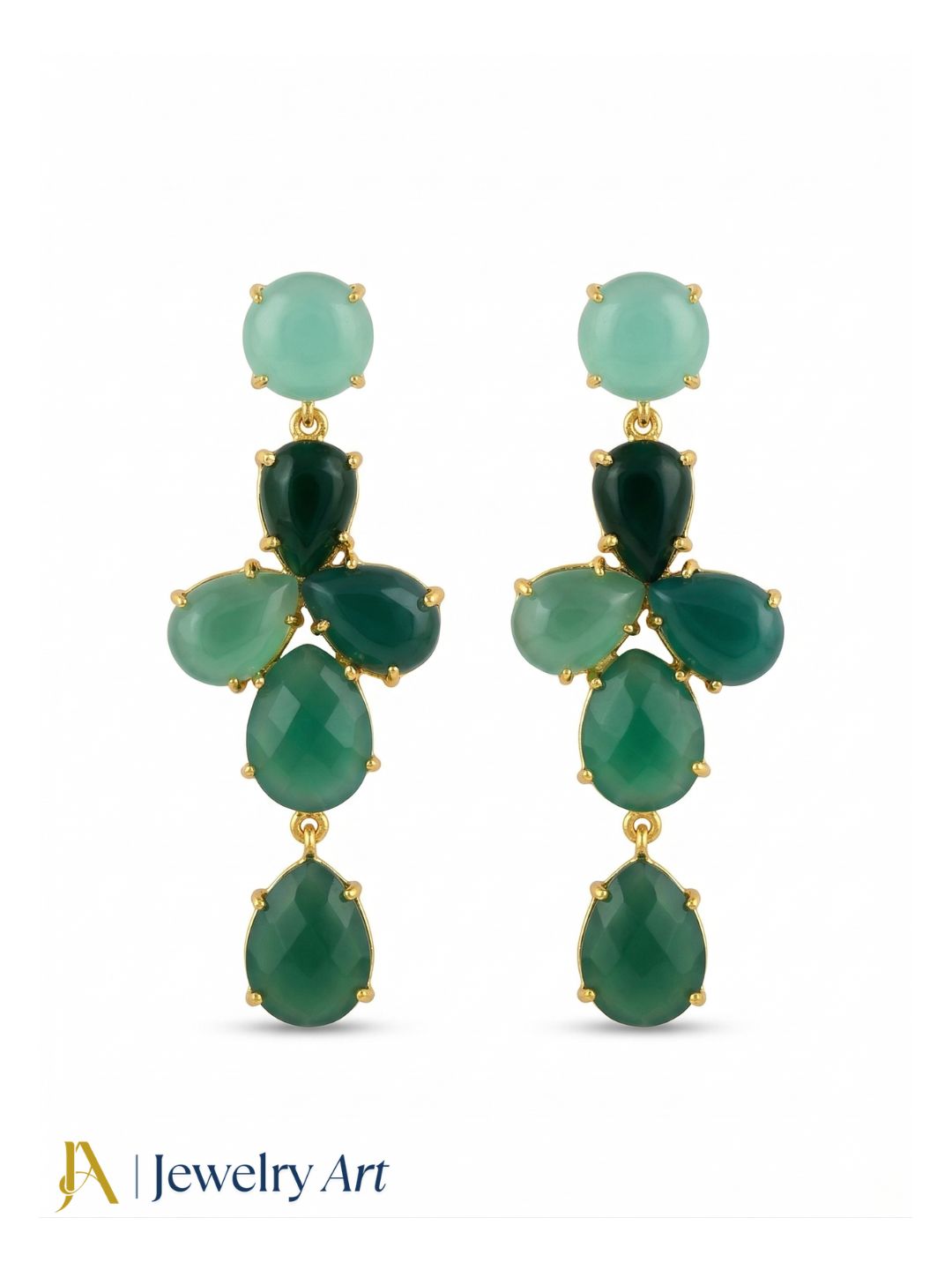 Awesome Gold Plated Dangle Earring -Chalcedony-Green Onyx Gemstone Charming Handcrafted Jewelry