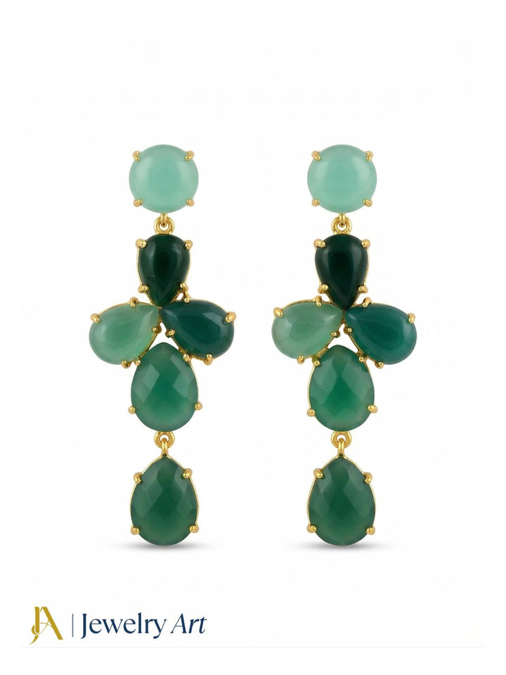 Awesome Gold Plated Dangle Earring -Chalcedony-Green Onyx Gemstone Charming Handcrafted Jewelry