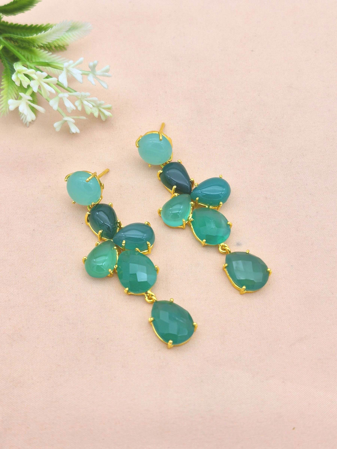 Awesome Gold Plated Dangle Earring -Chalcedony-Green Onyx Gemstone Charming Handcrafted Jewelry