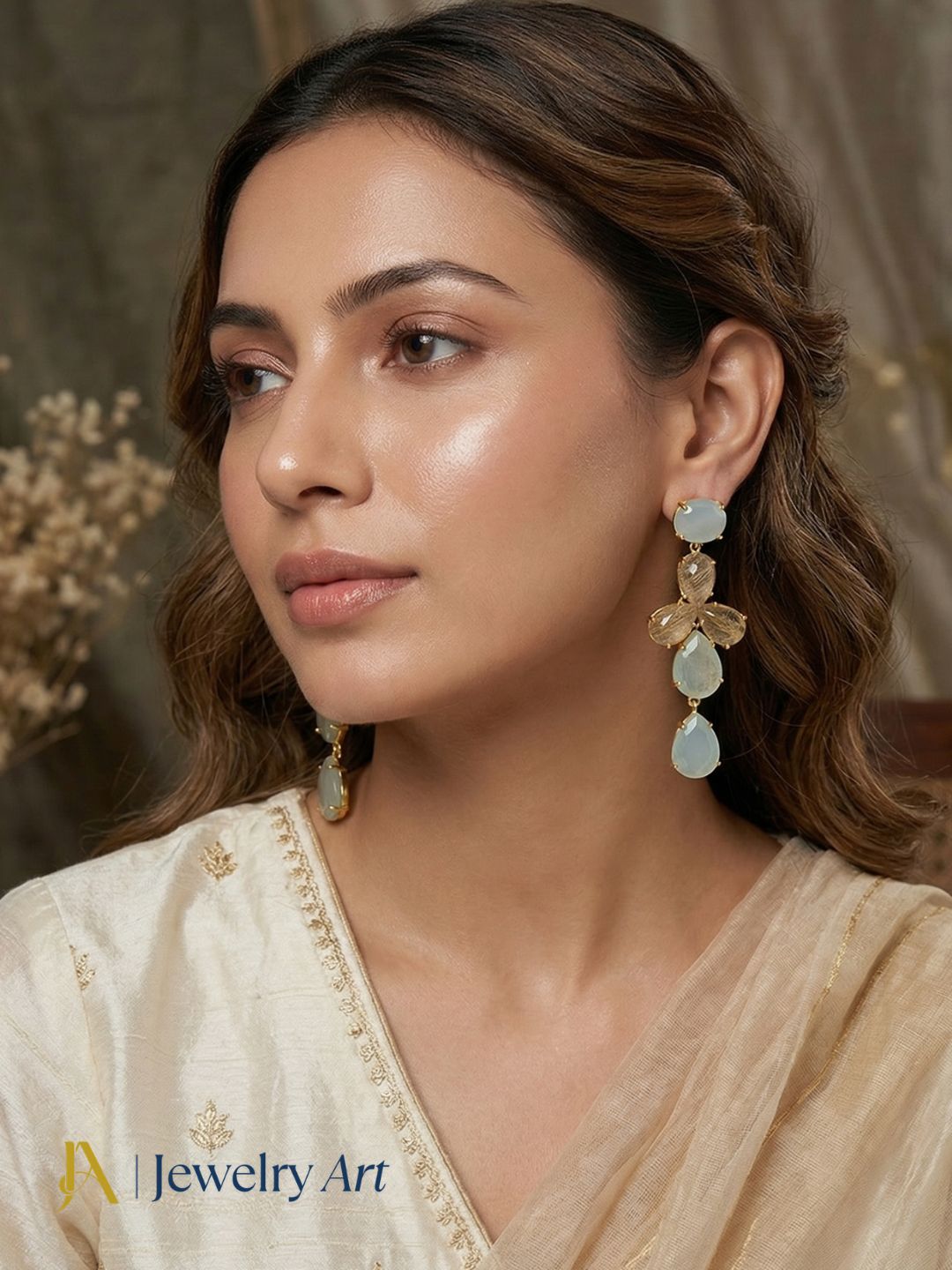 Natural gemstone earrings with chalcedony and rutile quartz crystal design