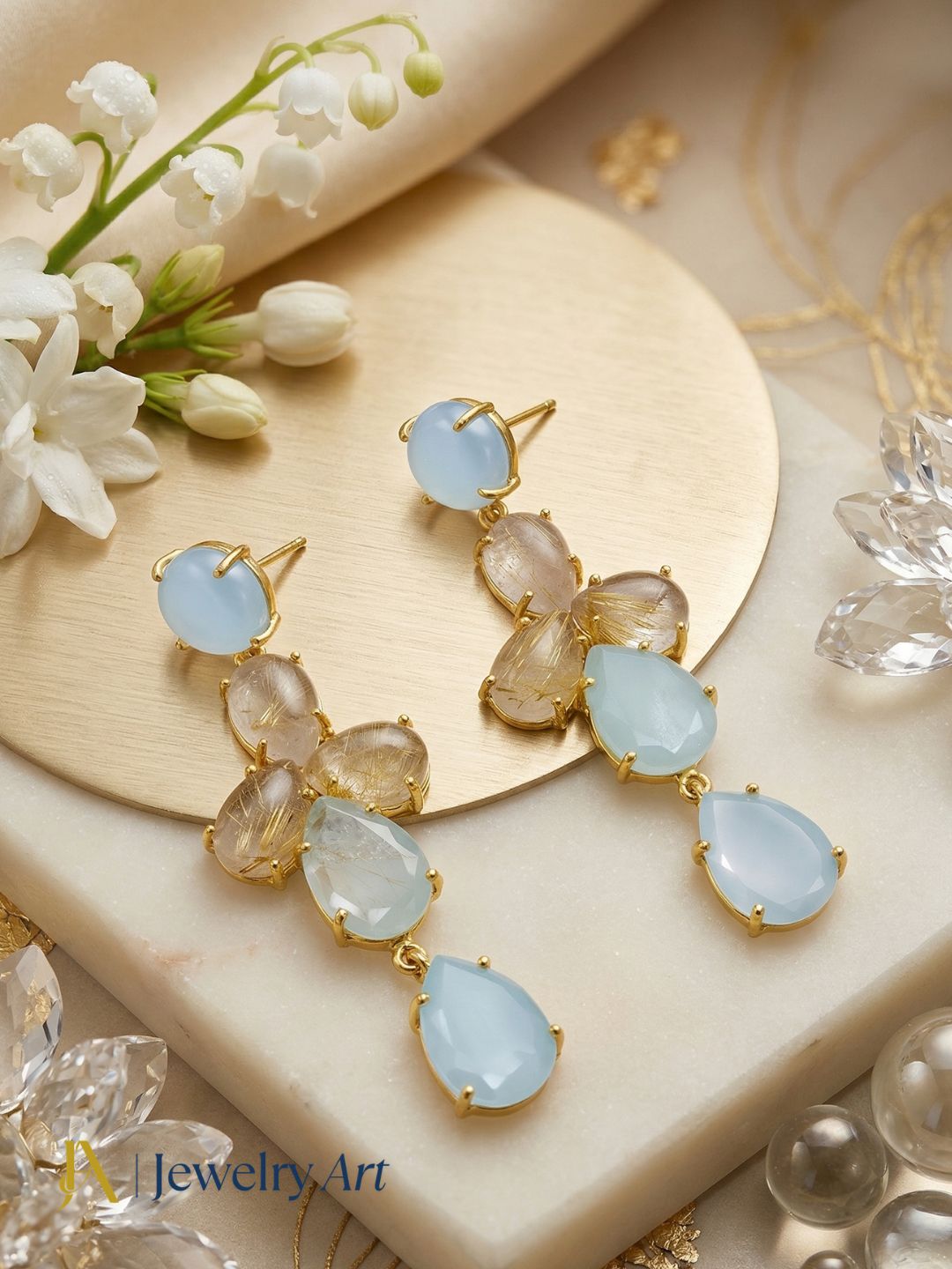 Awesome Gold Plated Dangle Earring -Chalcedony-Rutile Quartz Gemstone Charming Handcrafted Jewelry