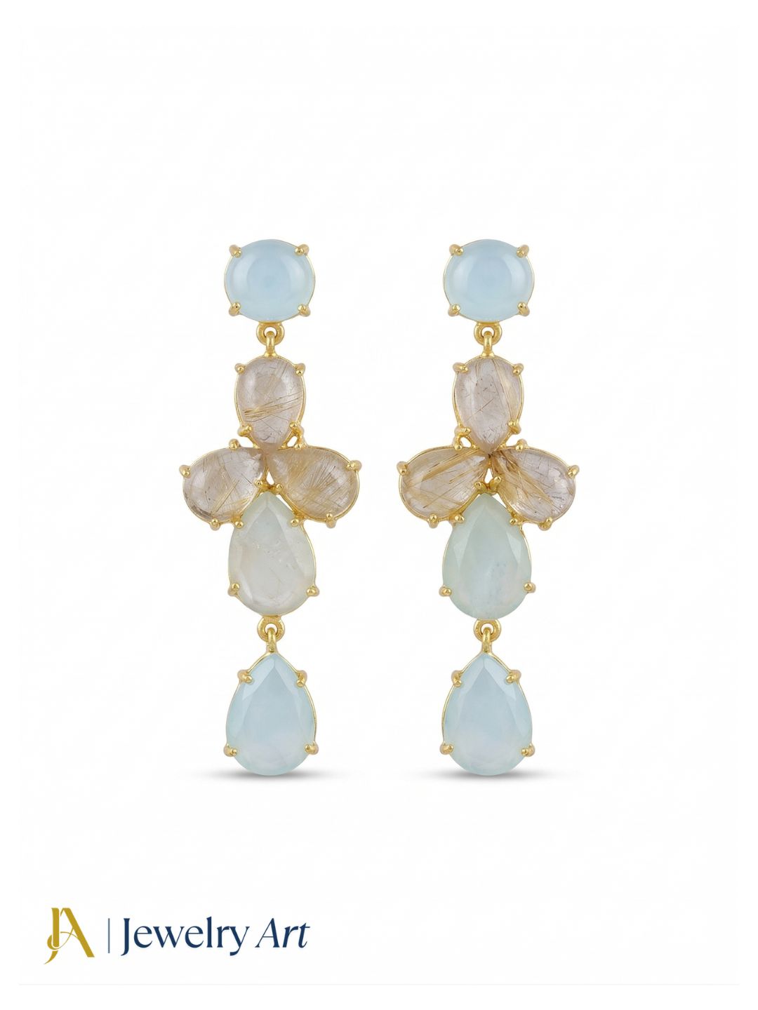 Awesome Gold Plated Dangle Earring -Chalcedony-Rutile Quartz Gemstone Charming Handcrafted Jewelry