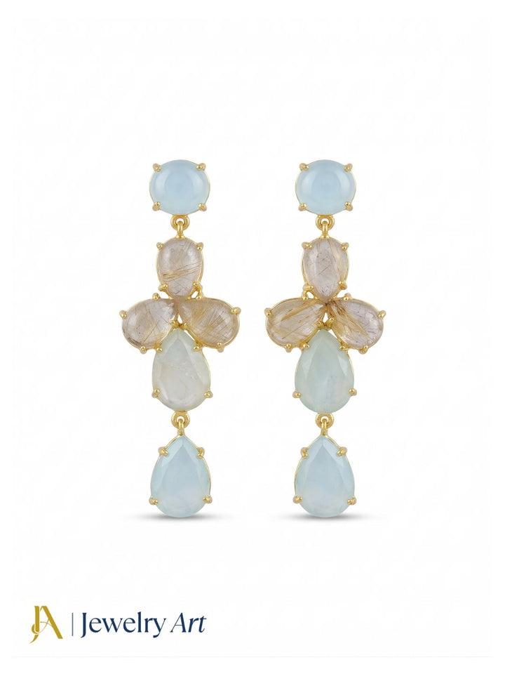 Awesome Gold Plated Dangle Earring -Chalcedony-Rutile Quartz Gemstone Charming Handcrafted Jewelry