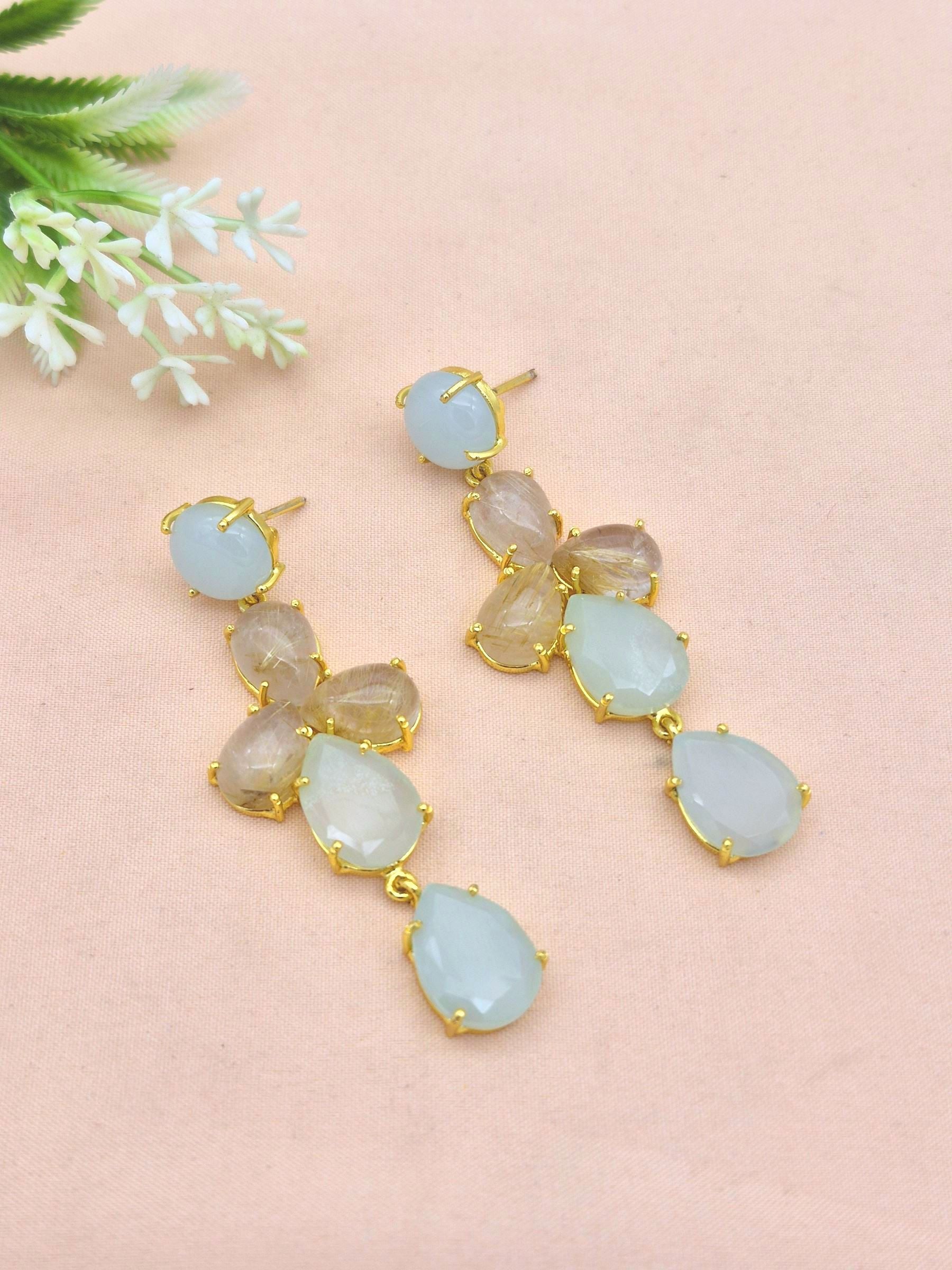 Awesome Gold Plated Dangle Earring -Chalcedony-Rutile Quartz Gemstone Charming Handcrafted Jewelry