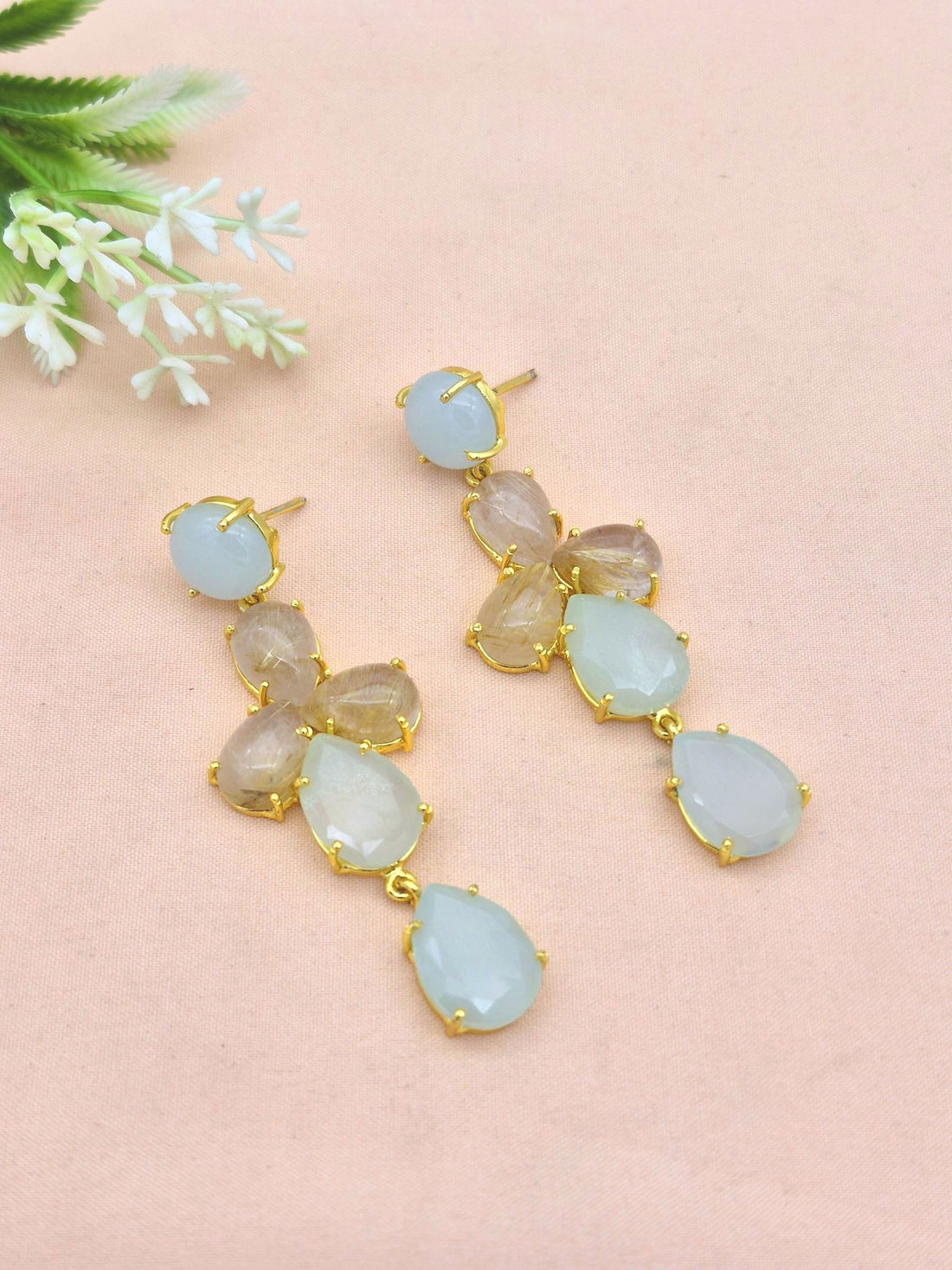 Awesome Gold Plated Dangle Earring -Chalcedony-Rutile Quartz Gemstone Charming Handcrafted Jewelry