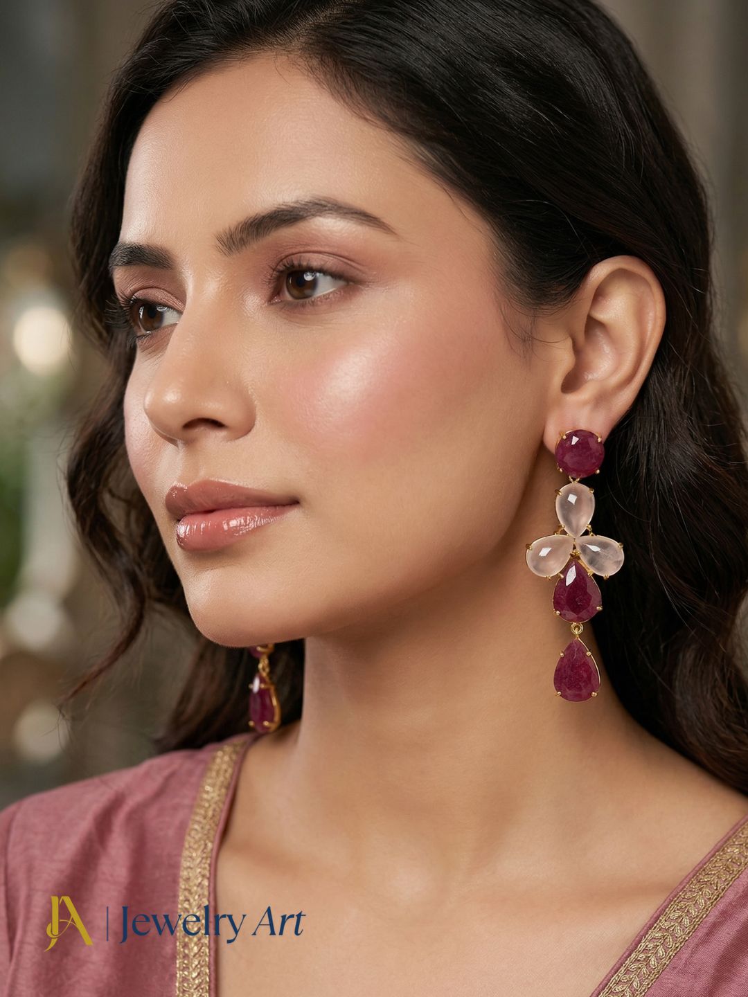 Statement gold plated earrings with red Hathipara and Rose Quartz contrast
