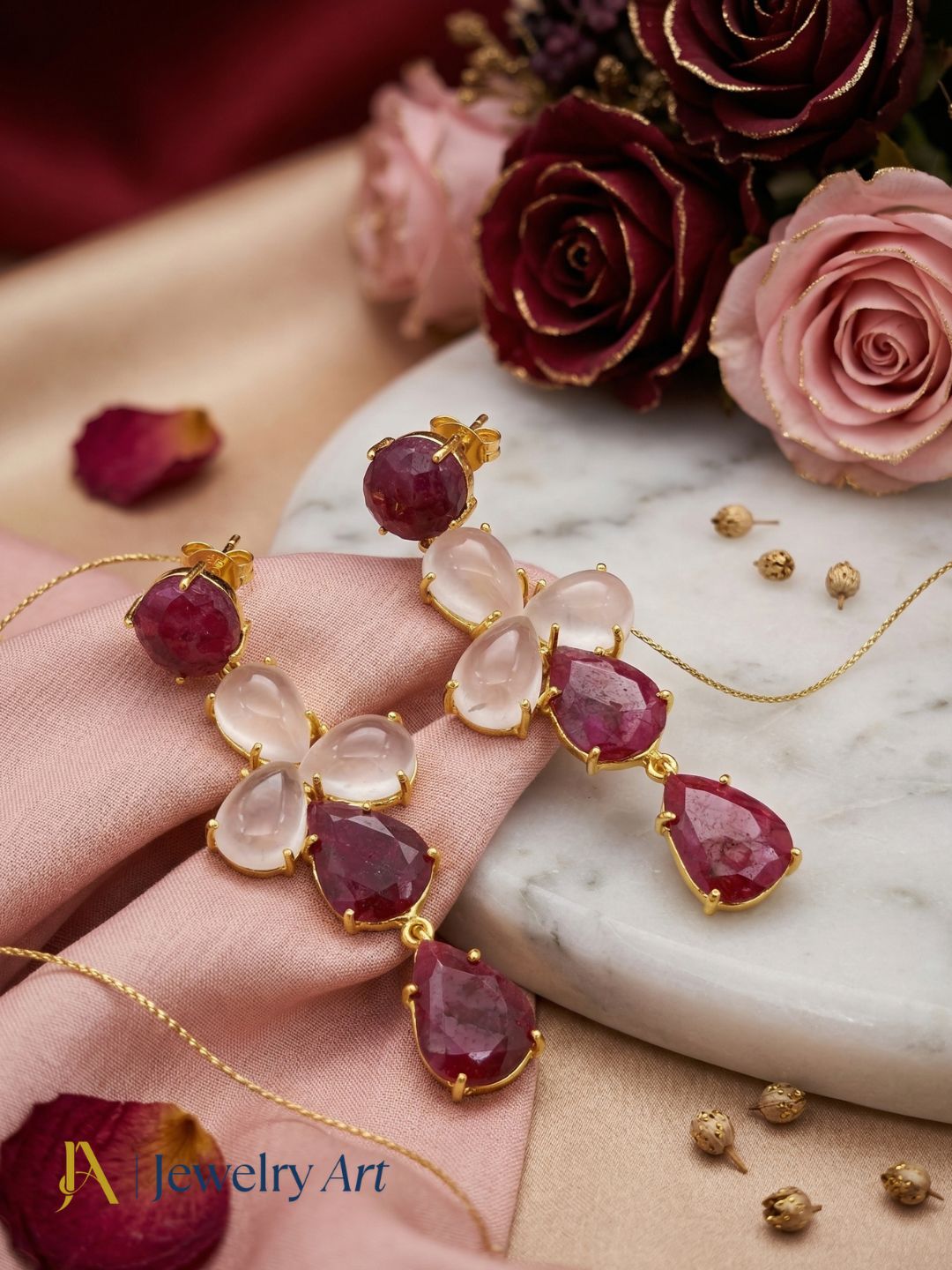 Awesome Gold Plated Dangle Earring -Red Hathipara-Rose Quartz Gemstone Charming Handcrafted Jewelry
