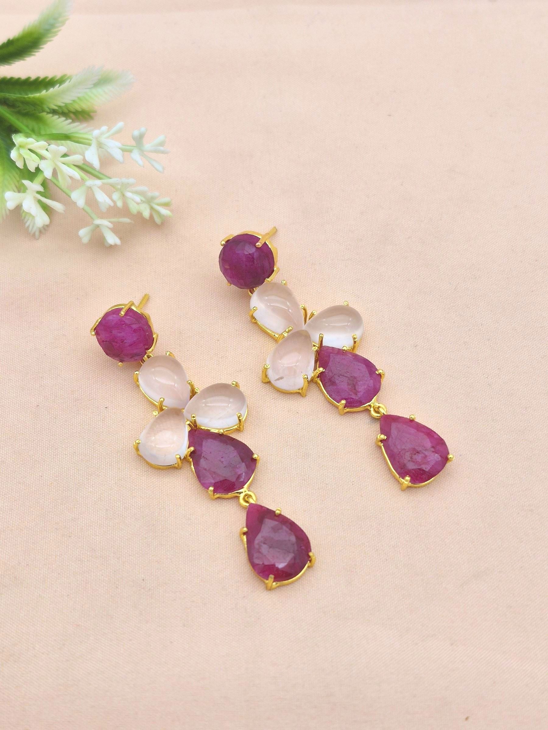 Awesome Gold Plated Dangle Earring -Red Hathipara-Rose Quartz Gemstone Charming Handcrafted Jewelry