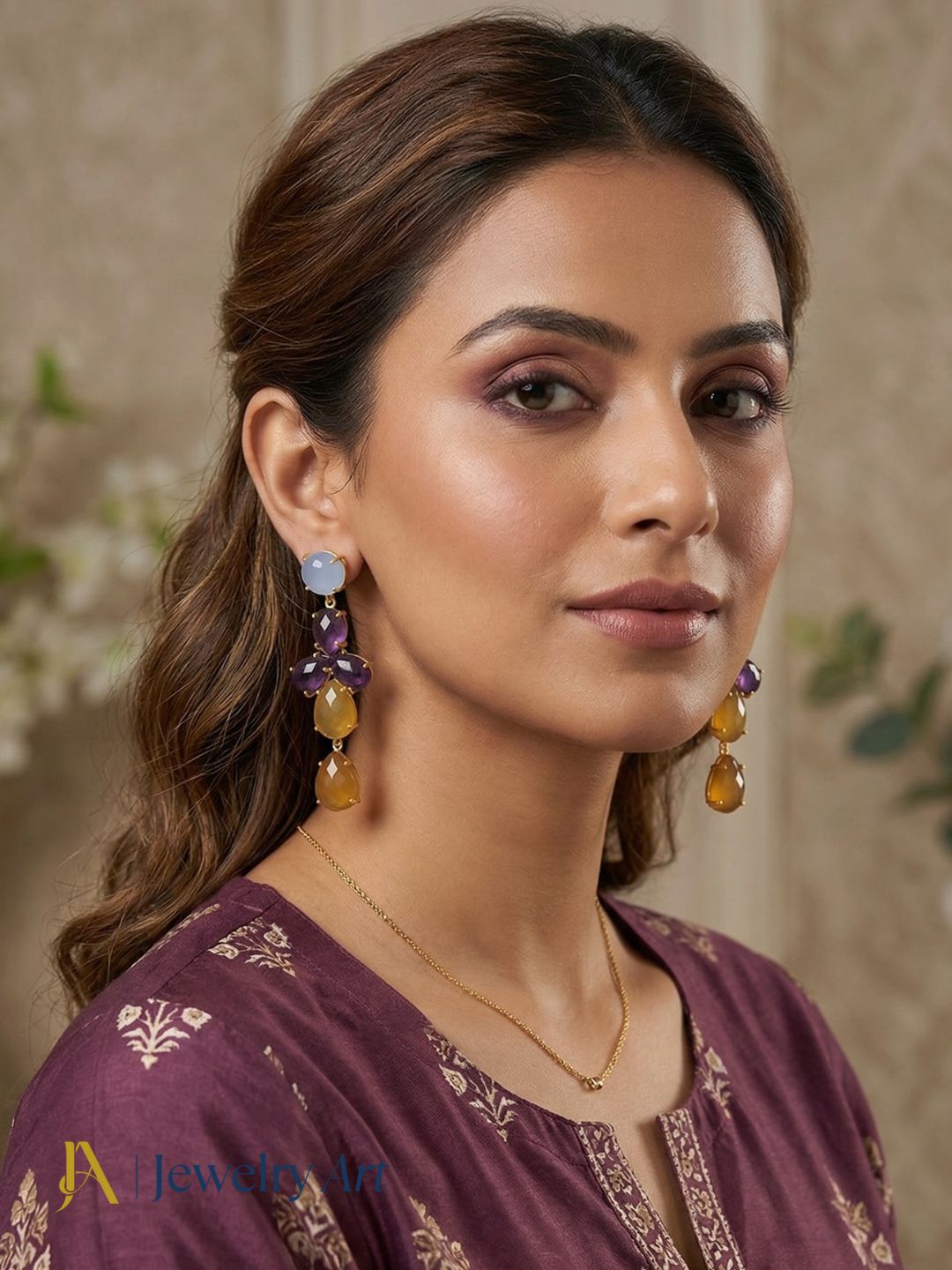 Fashion gemstone earrings with chalcedony and amethyst hanging drop style
