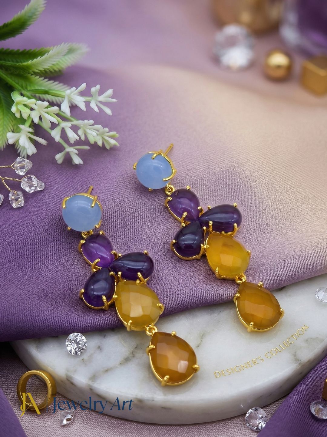 Awesome Gold Plated Dangle Earring -Chalcedony-Amethyst Gemstone Charming Handcrafted Jewelry