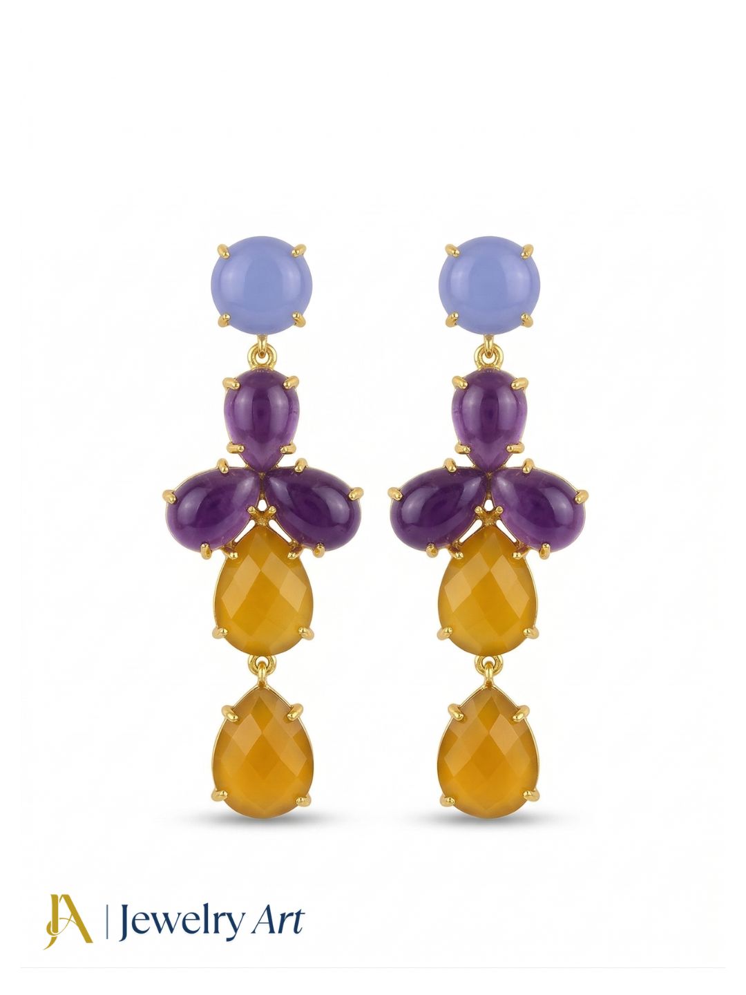 Awesome Gold Plated Dangle Earring -Chalcedony-Amethyst Gemstone Charming Handcrafted Jewelry