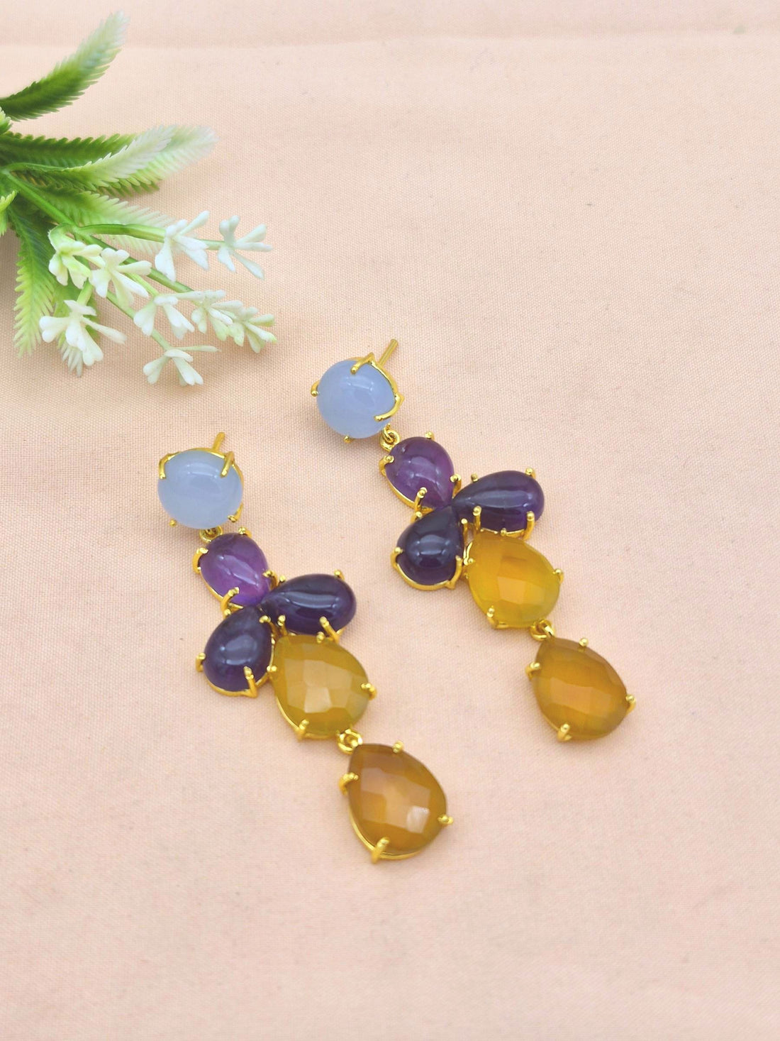 Awesome Gold Plated Dangle Earring -Chalcedony-Amethyst Gemstone Charming Handcrafted Jewelry