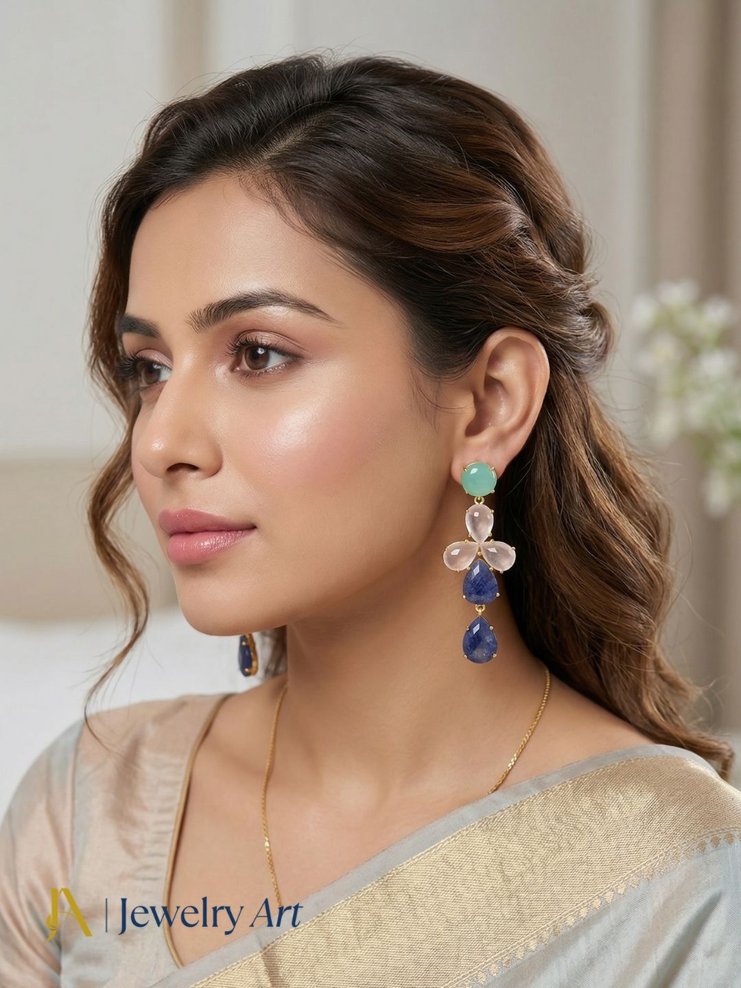 Lightweight gold plated earrings with Chalcedony Rose Quartz Blue Hathipara stones
