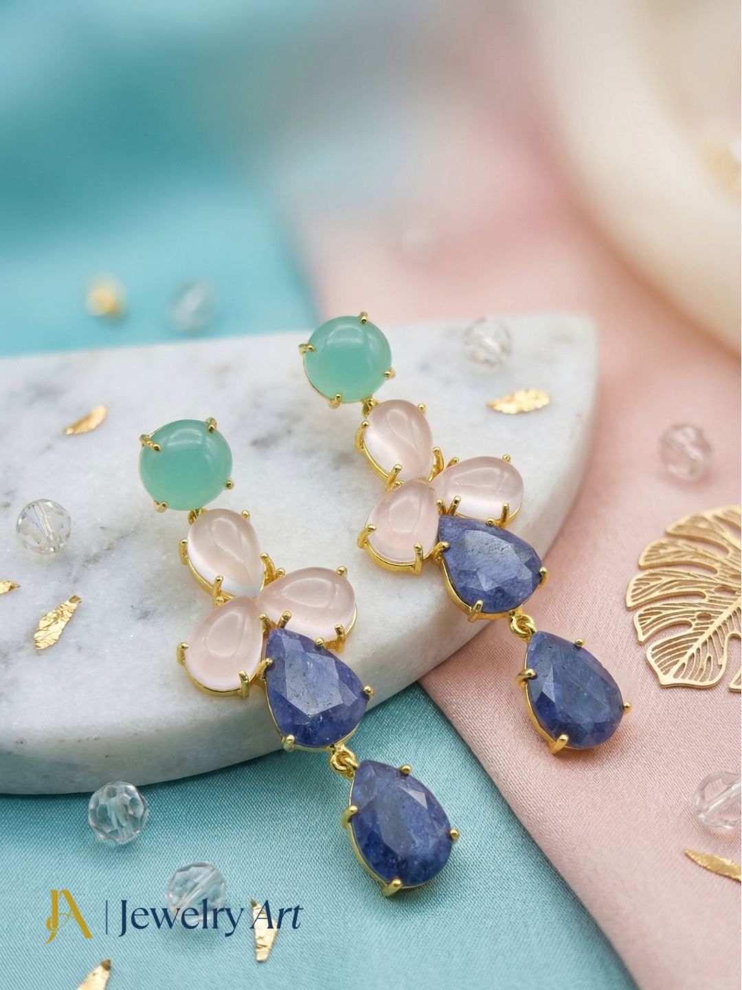 Awesome Gold Plated Dangle Earring -Chalcedony-Rose Quartz-Blue Hathipara Gemstone Charming Handcrafted Jewelry