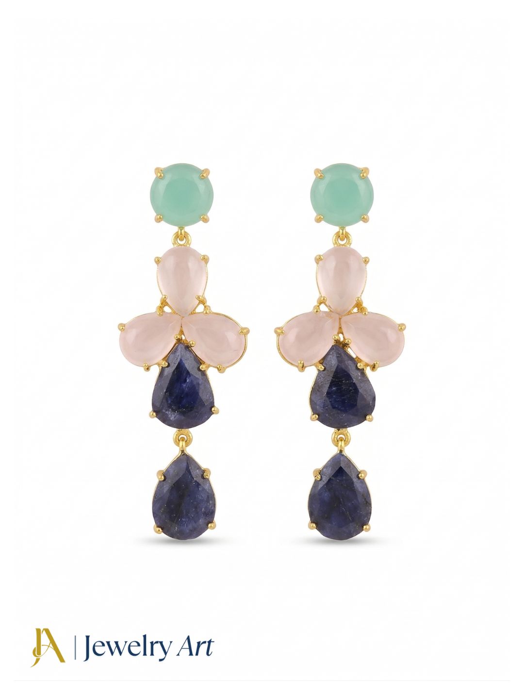 Awesome Gold Plated Dangle Earring -Chalcedony-Rose Quartz-Blue Hathipara Gemstone Charming Handcrafted Jewelry