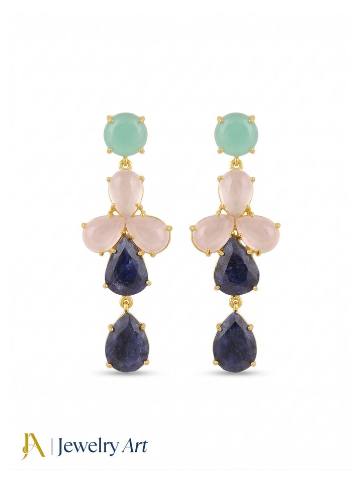 Awesome Gold Plated Dangle Earring -Chalcedony-Rose Quartz-Blue Hathipara Gemstone Charming Handcrafted Jewelry