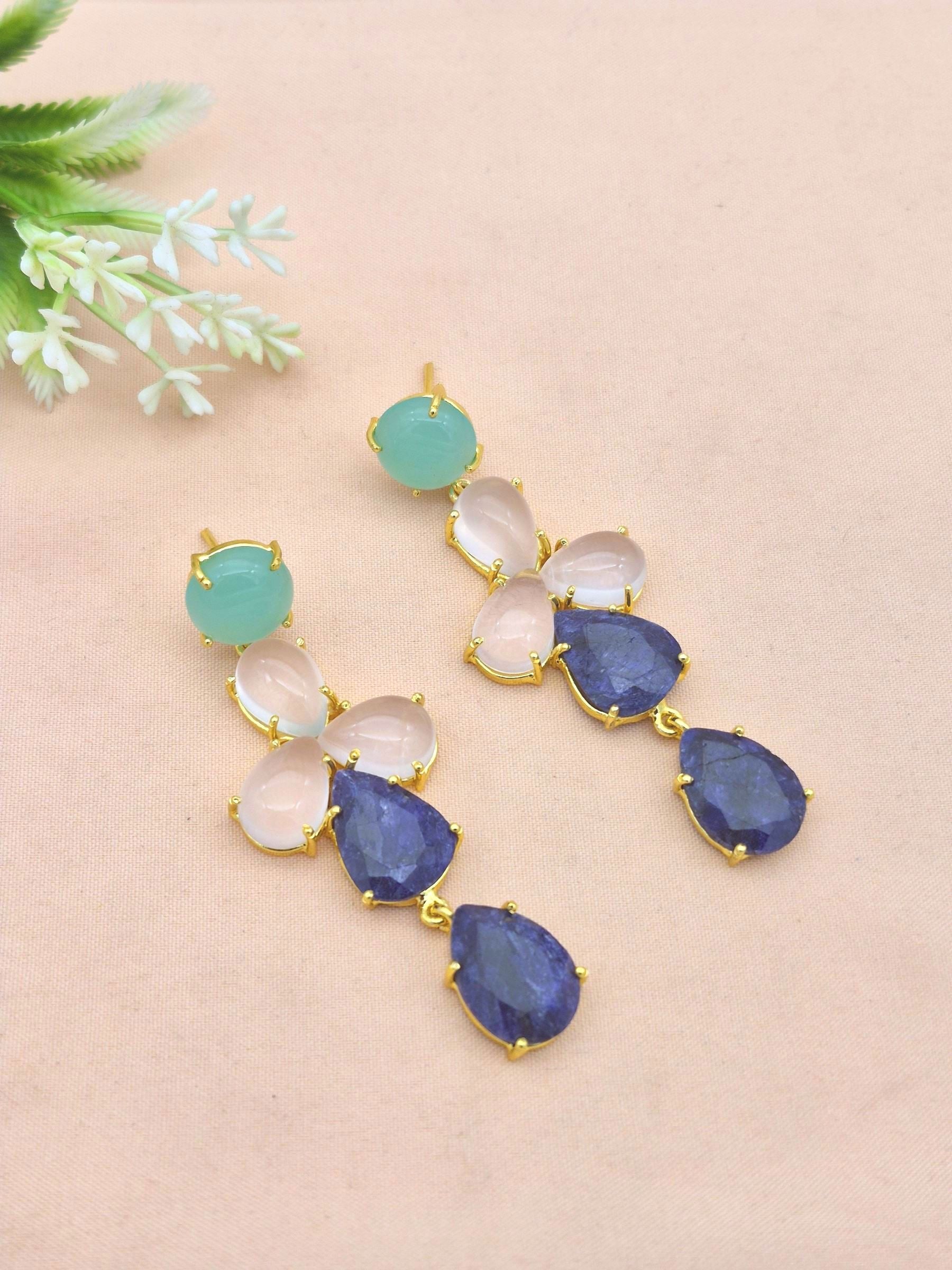 Awesome Gold Plated Dangle Earring -Chalcedony-Rose Quartz-Blue Hathipara Gemstone Charming Handcrafted Jewelry