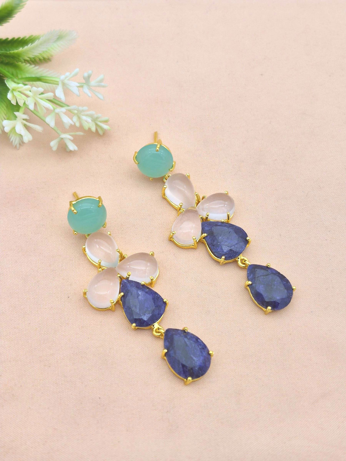 Awesome Gold Plated Dangle Earring -Chalcedony-Rose Quartz-Blue Hathipara Gemstone Charming Handcrafted Jewelry