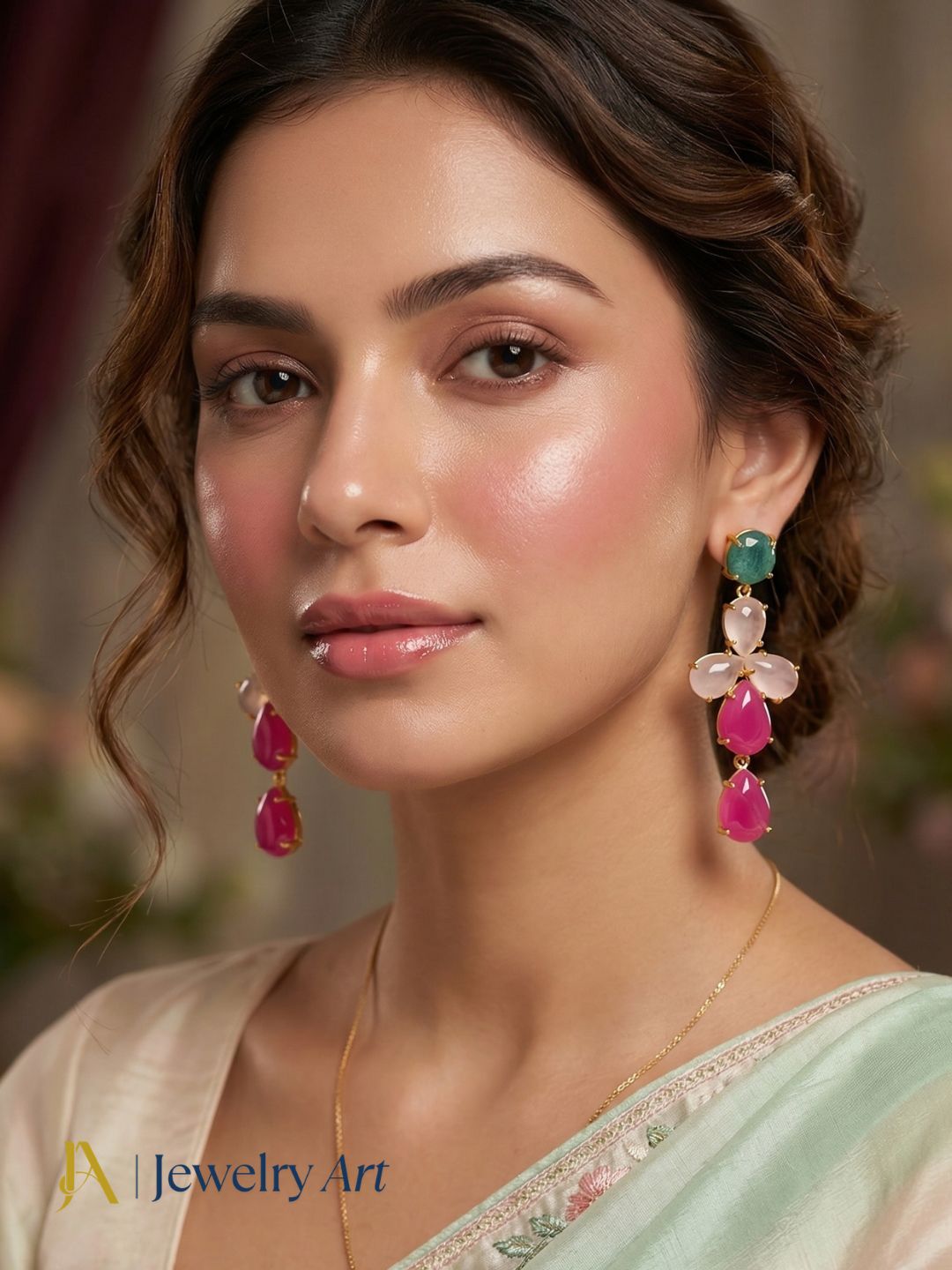 Triple gemstone drop earrings with rose quartz chalcedony and black onyx gold plated design

