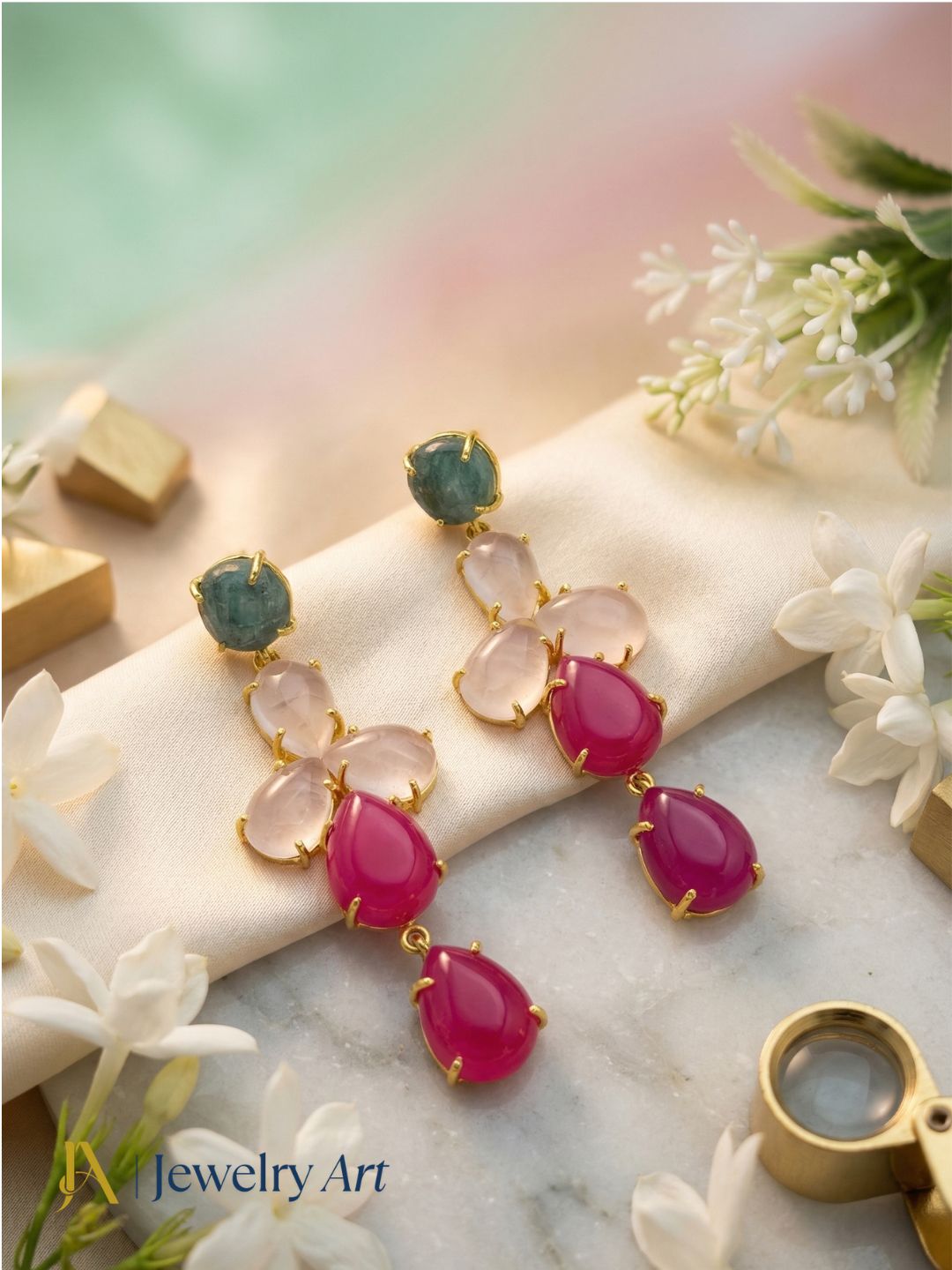 Awesome Gold Plated Dangle Earring -Green Hathipara-Rose Quartz-Pink Onyx Gemstone Charming Handcrafted Jewelry