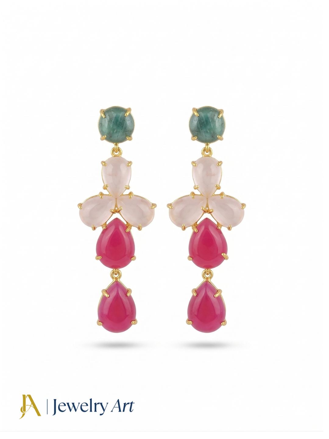 Awesome Gold Plated Dangle Earring -Green Hathipara-Rose Quartz-Pink Onyx Gemstone Charming Handcrafted Jewelry