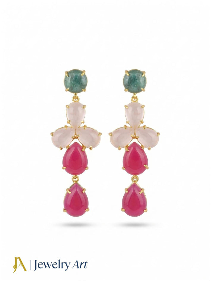 Awesome Gold Plated Dangle Earring -Green Hathipara-Rose Quartz-Pink Onyx Gemstone Charming Handcrafted Jewelry