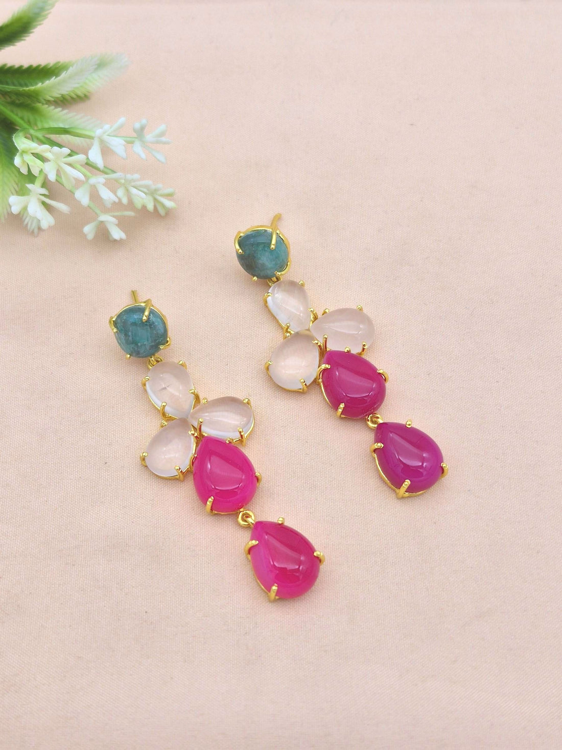 Awesome Gold Plated Dangle Earring -Green Hathipara-Rose Quartz-Pink Onyx Gemstone Charming Handcrafted Jewelry