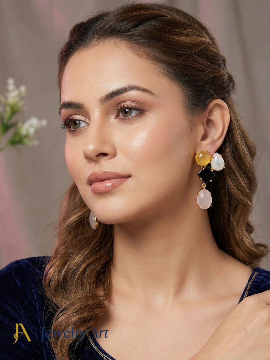 Stylish drop earrings with rose quartz chalcedony and black onyx pairing
