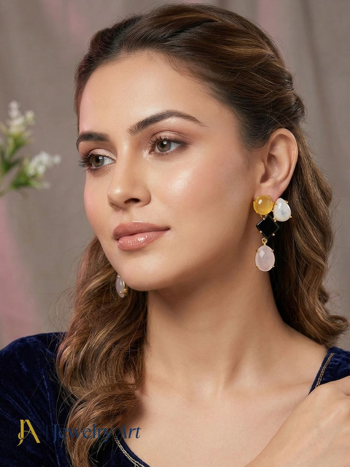 Stylish drop earrings with rose quartz chalcedony and black onyx pairing
