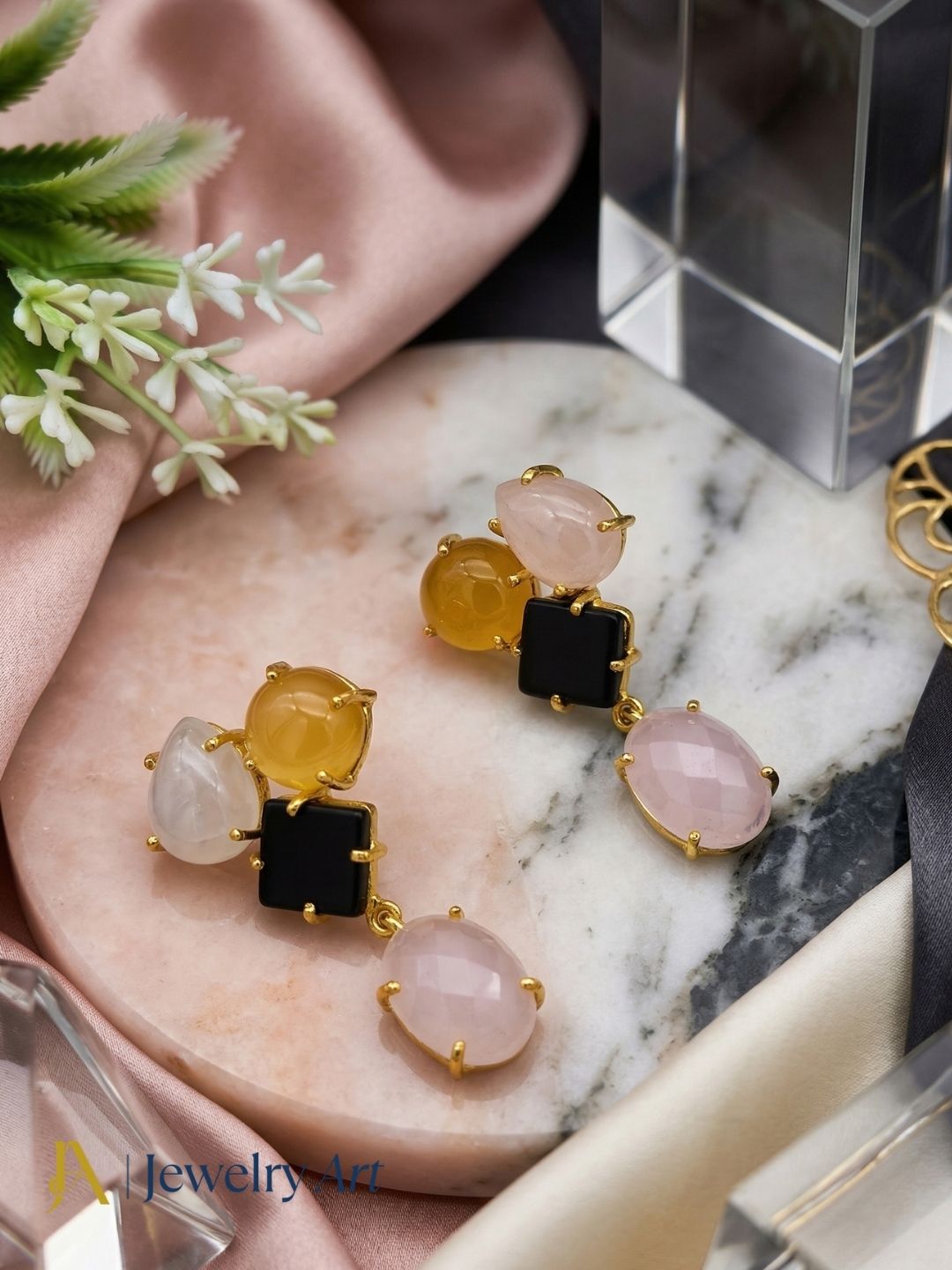 Stunning Gold Plated Dangle Earring -Rose Quartz-Chalcedony-Black Onyx Gemstone Charming Handcrafted Jewelry