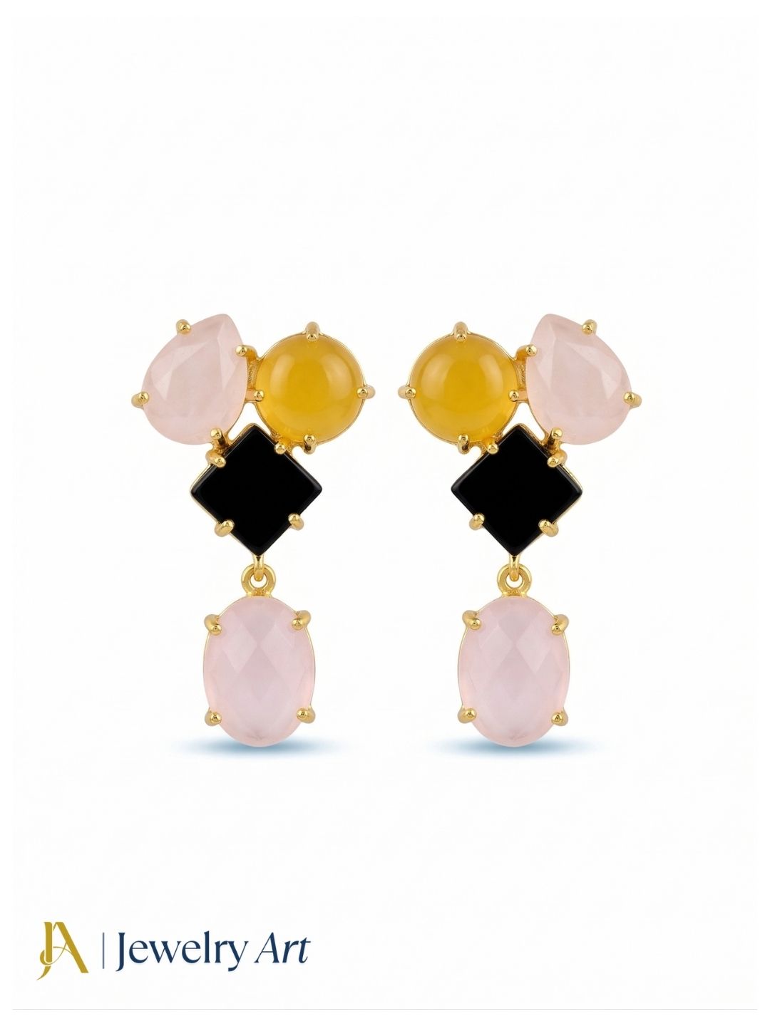 Stunning Gold Plated Dangle Earring -Rose Quartz-Chalcedony-Black Onyx Gemstone Charming Handcrafted Jewelry