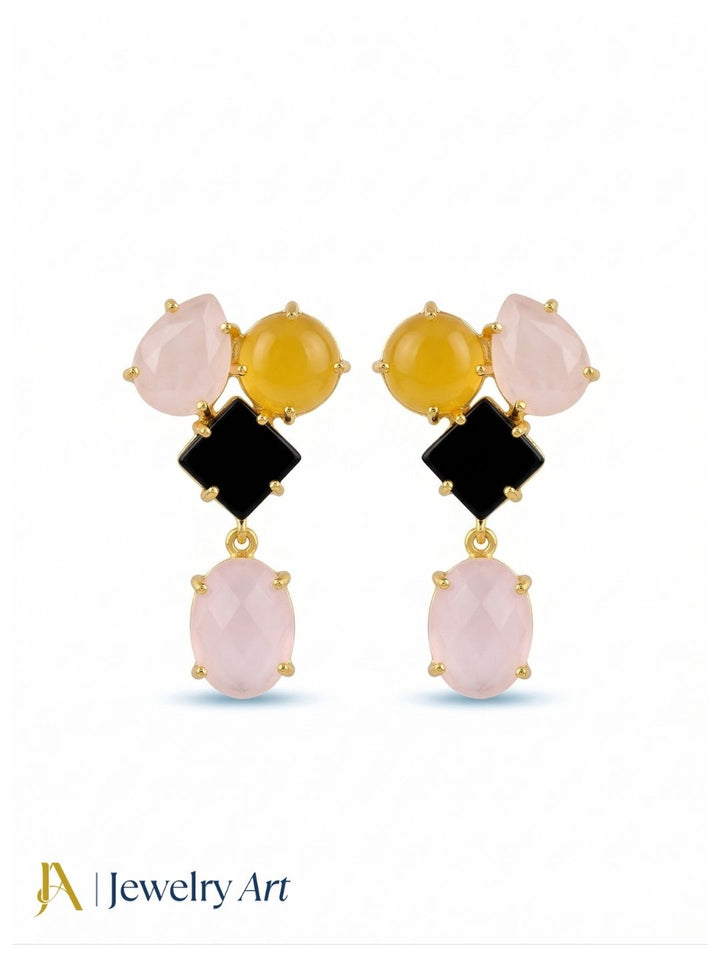 Stunning Gold Plated Dangle Earring -Rose Quartz-Chalcedony-Black Onyx Gemstone Charming Handcrafted Jewelry
